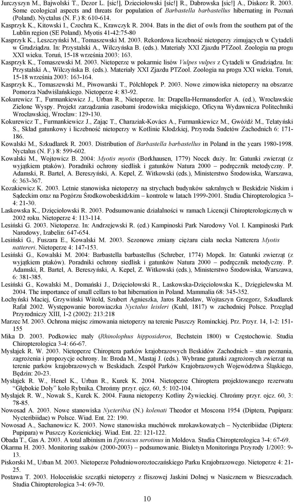 Bats in the diet of owls from the southern pat of the Lublin region (SE Poland). Myotis 41-42:75-80 Kasprzyk K., Leszczyński M., Tomaszewski M. 2003.