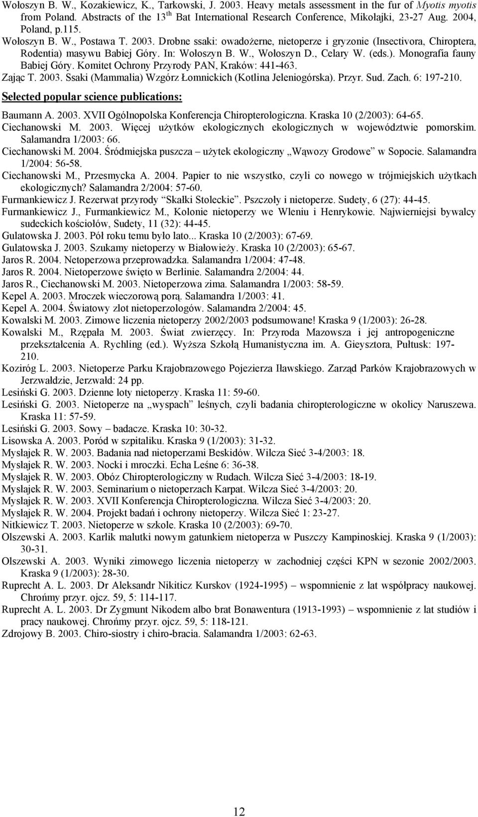 Drobne ssaki: owadożerne, nietoperze i gryzonie (Insectivora, Chiroptera, Rodentia) masywu Babiej Góry. In: Wołoszyn B. W., Wołoszyn D., Celary W. (eds.). Monografia fauny Babiej Góry.