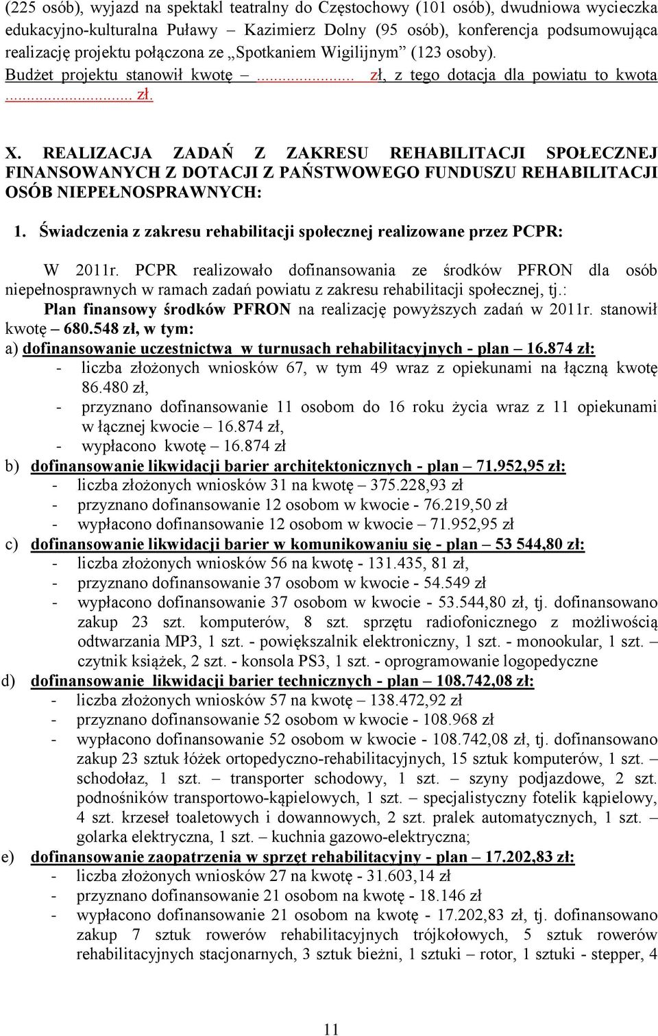 REALIZACJA ZADAŃ Z ZAKRESU REHABILITACJI SPOŁECZNEJ FINANSOWANYCH Z DOTACJI Z PAŃSTWOWEGO FUNDUSZU REHABILITACJI OSÓB NIEPEŁNOSPRAWNYCH: 1.