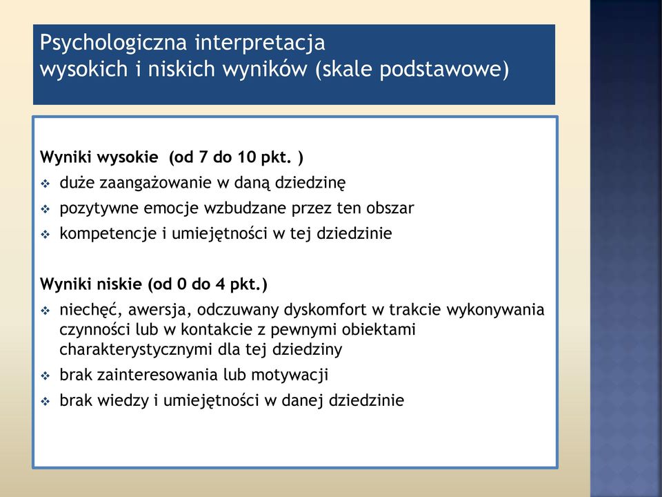 dziedzinie Wyniki niskie (od 0 do 4 pkt.