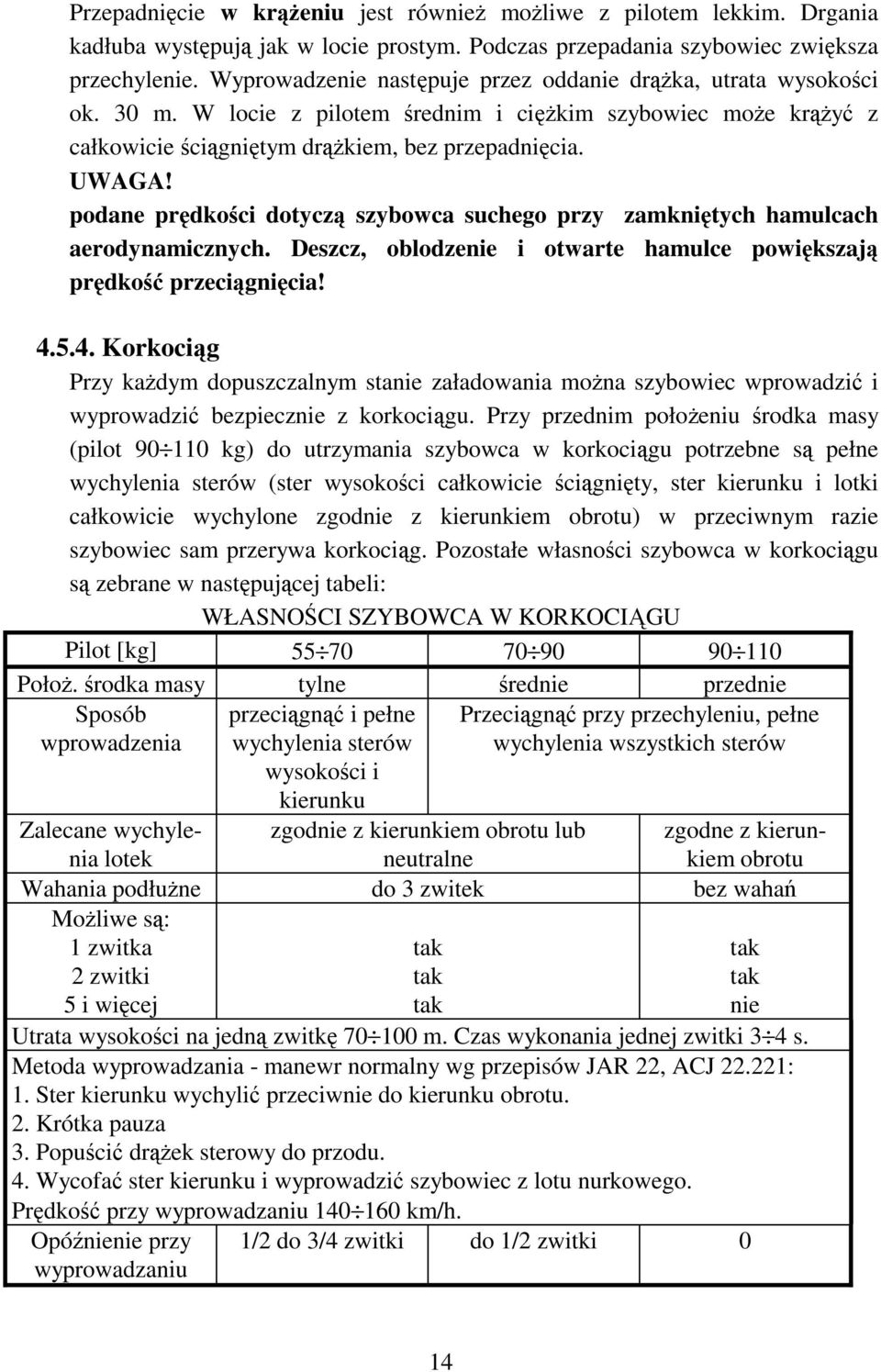 podane prędkości dotyczą szybowca suchego przy zamkniętych hamulcach aerodynamicznych. Deszcz, oblodzenie i otwarte hamulce powiększają prędkość przeciągnięcia! 4.