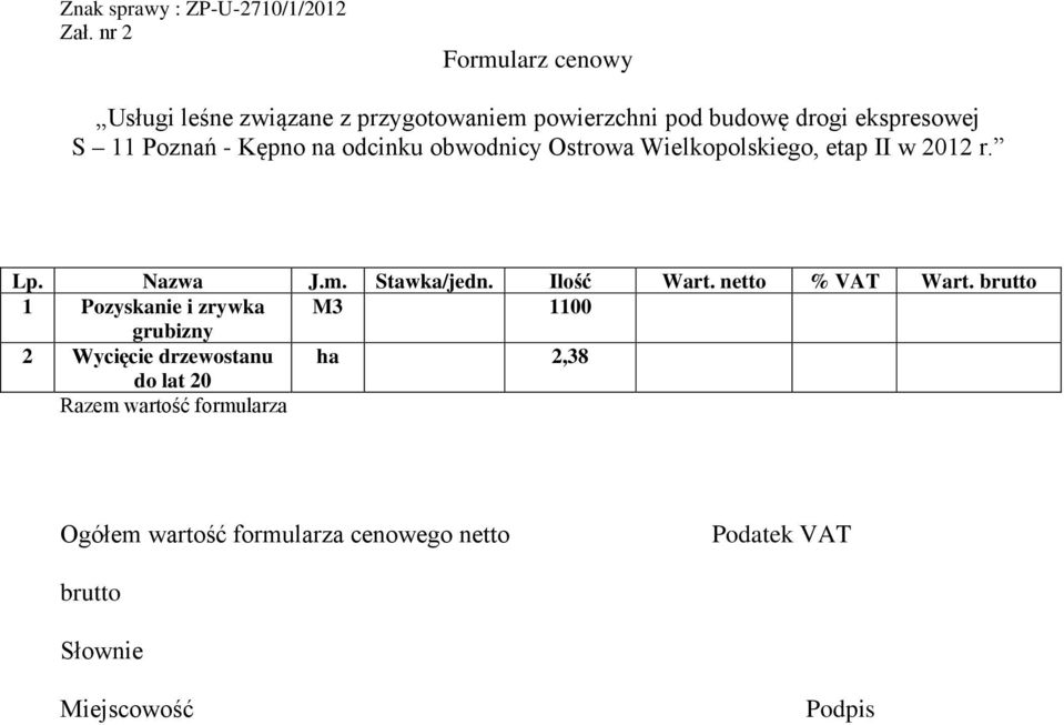 Kępno na odcinku obwodnicy Ostrowa Wielkopolskiego, etap II w 2012 r. Lp. Nazwa J.m. Stawka/jedn. Ilość Wart.