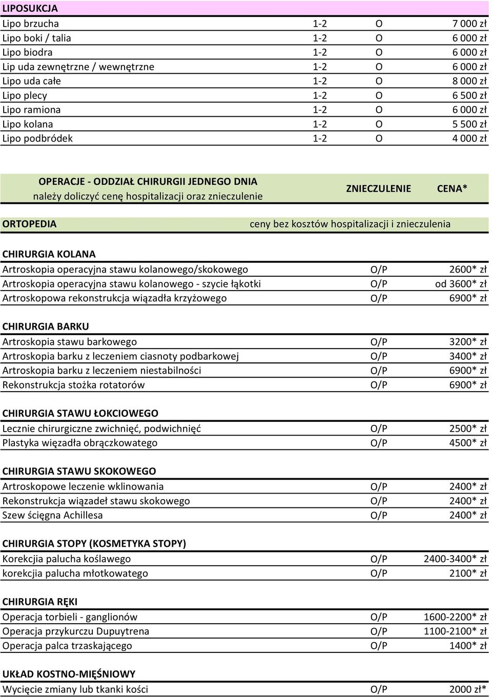 CENA* ORTOPEDIA ceny bez kosztów hospitalizacji i znieczulenia CHIRURGIA KOLANA Artroskopia operacyjna stawu kolanowego/skokowego O/P 2600* zł Artroskopia operacyjna stawu kolanowego - szycie łąkotki