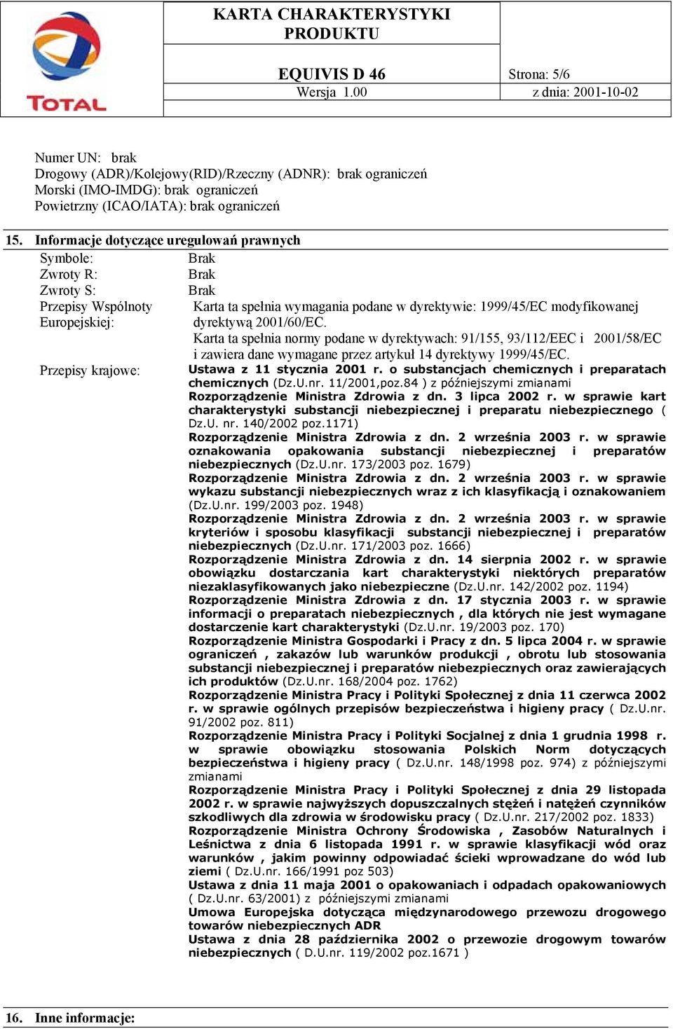 Karta ta spełnia normy podane w dyrektywach: 91/155, 93/112/EEC i 2001/58/EC i zawiera dane wymagane przez artykuł 14 dyrektywy 1999/45/EC. Przepisy krajowe: Ustawa z 11 stycznia 2001 r.