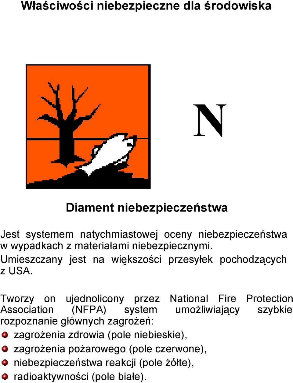 Tworzy on ujednolicony przez National Fire Protection Association (NFPA) system umożliwiający szybkie rozpoznanie głównych