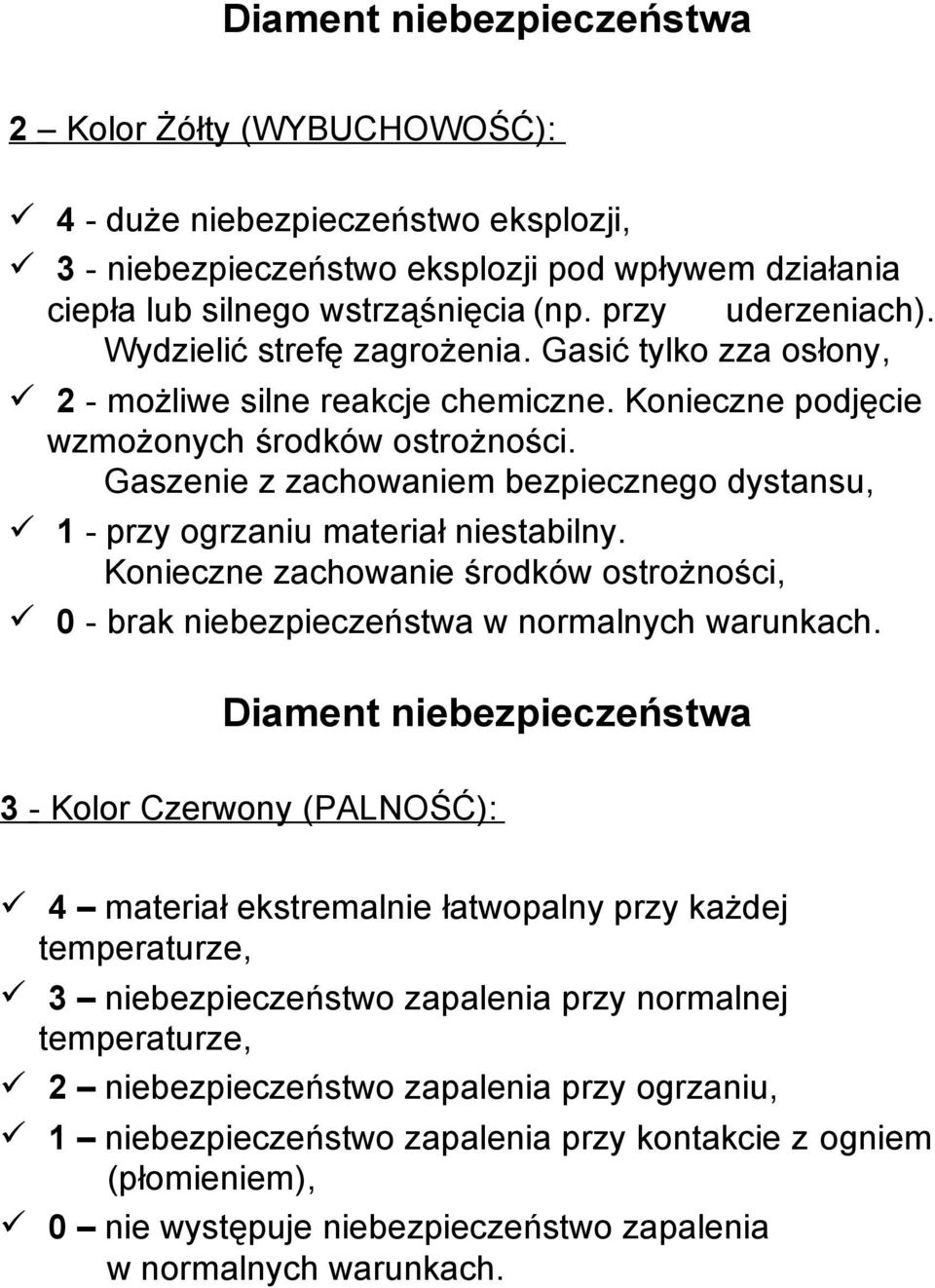 Gaszenie z zachowaniem bezpiecznego dystansu, 1 - przy ogrzaniu materiał niestabilny. Konieczne zachowanie środków ostrożności, 0 - brak niebezpieczeństwa w normalnych warunkach.