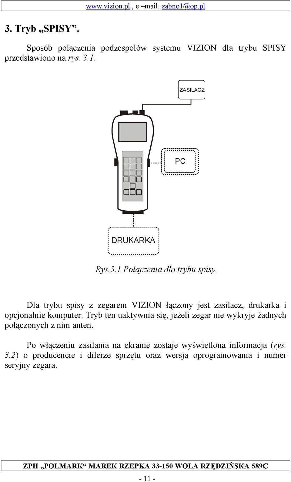 Dla trybu spisy z zegarem VIZION łączony jest zasilacz, drukarka i opcjonalnie komputer.