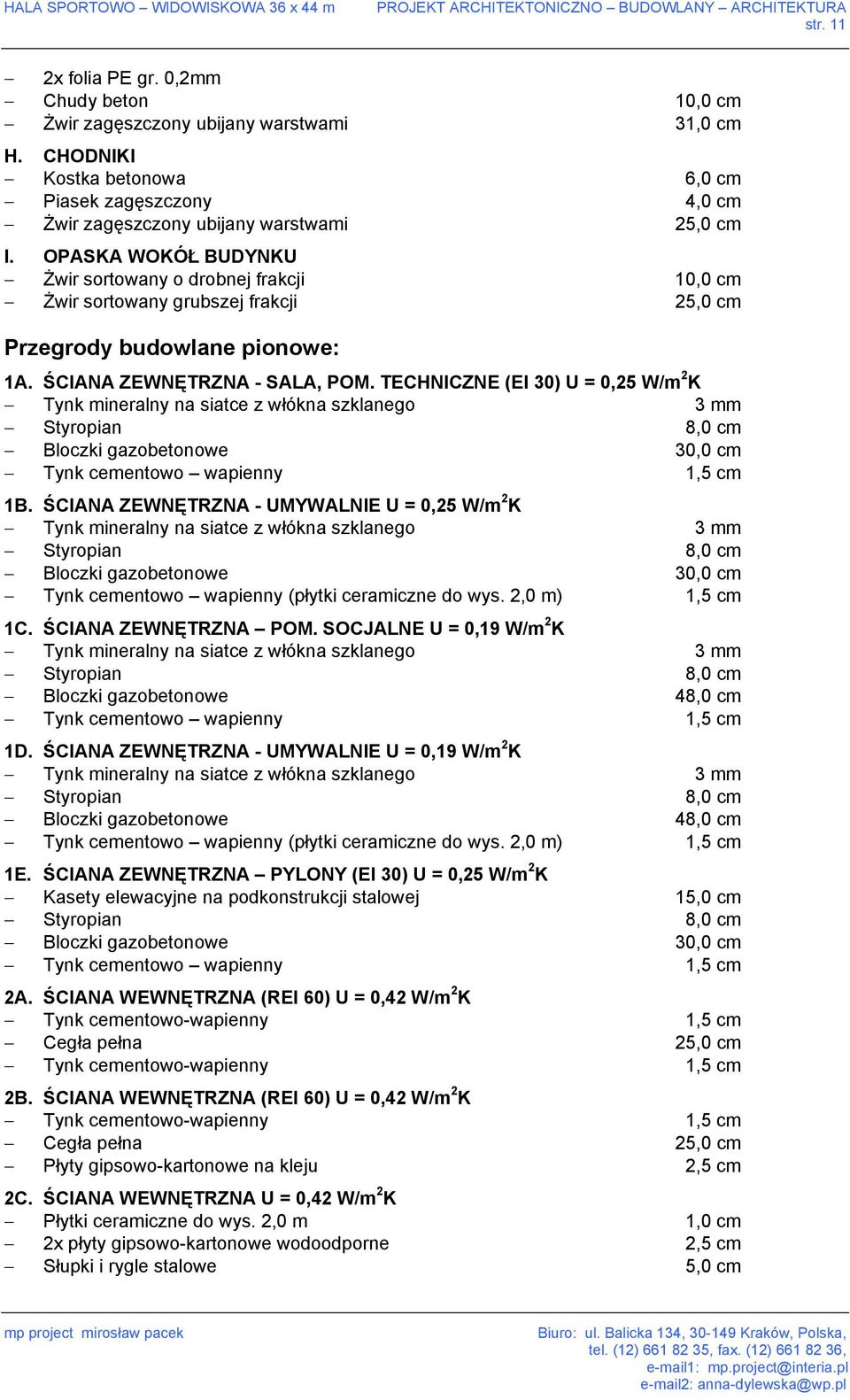 TECHNICZNE (EI 30) U = 0,25 W/m 2 K Tynk mineralny na siatce z włókna szklanego 3 mm Styropian 8,0 cm Bloczki gazobetonowe 30,0 cm Tynk cementowo wapienny 1,5 cm 1B.