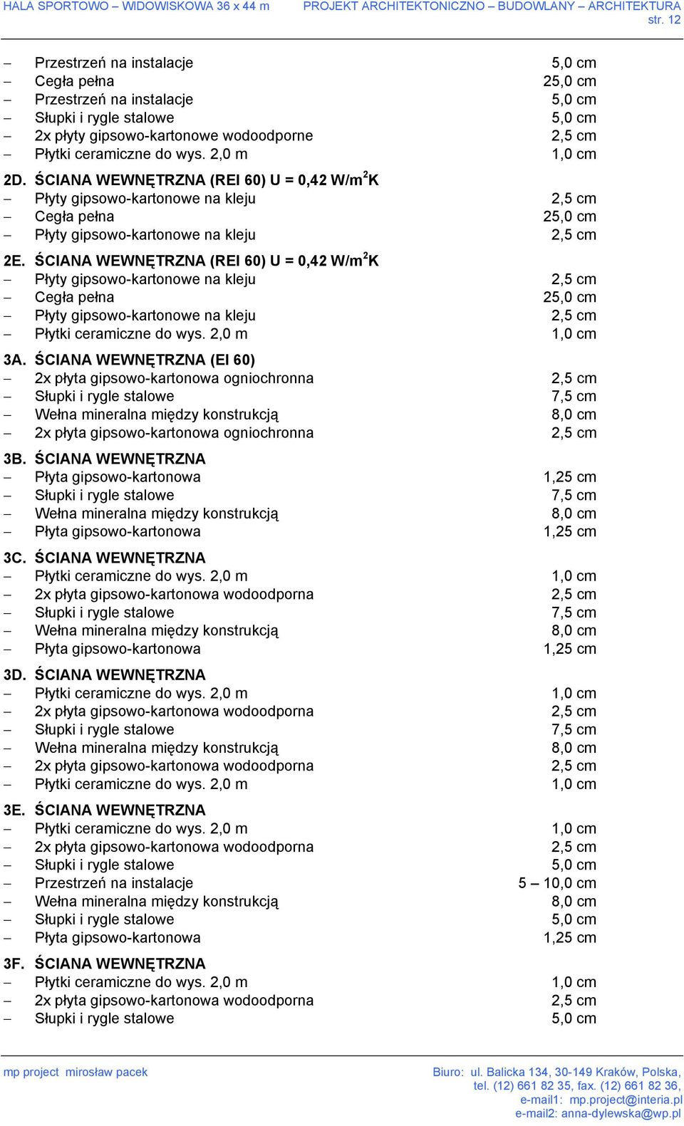 ŚCIANA WEWNĘTRZNA (REI 60) U = 0,42 W/m 2 K Płyty gipsowo-kartonowe na kleju 2,5 cm Cegła pełna 25,0 cm Płyty gipsowo-kartonowe na kleju 2,5 cm Płytki ceramiczne do wys. 2,0 m 1,0 cm 3A.