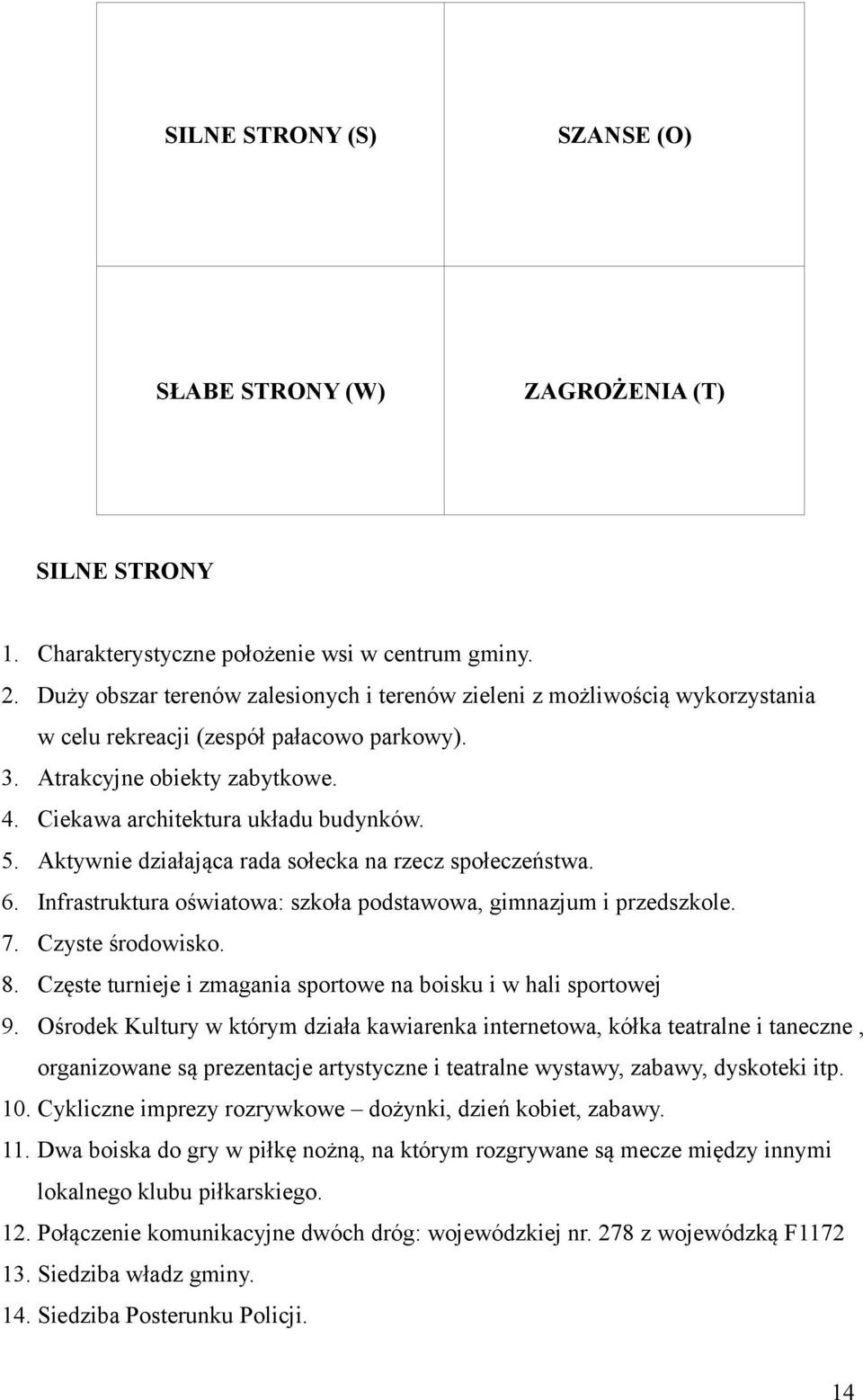 Aktywnie działająca rada sołecka na rzecz społeczeństwa. 6. Infrastruktura oświatowa: szkoła podstawowa, gimnazjum i przedszkole. 7. Czyste środowisko. 8.