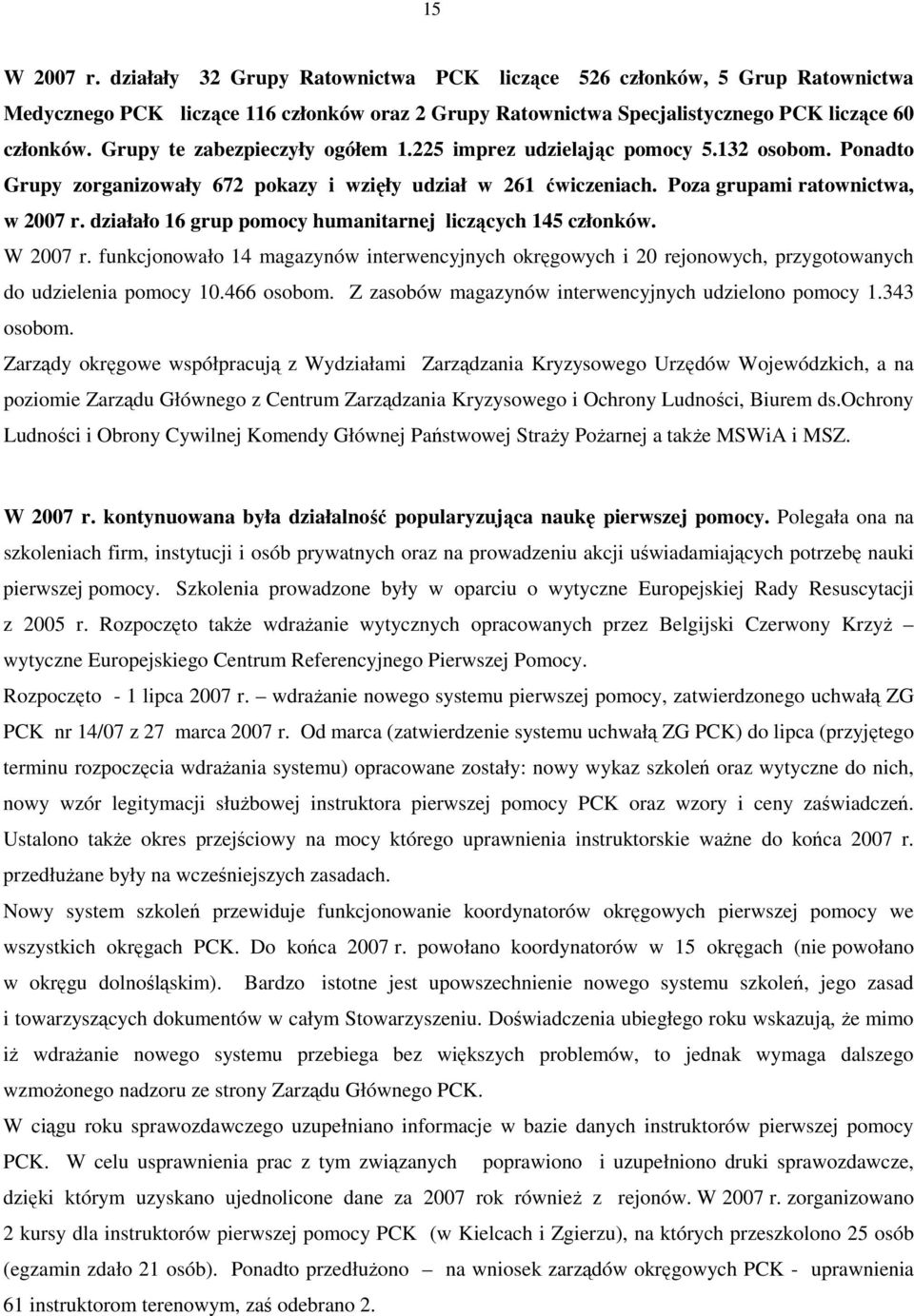 działało 16 grup pomocy humanitarnej liczących 145 członków. W 2007 r. funkcjonowało 14 magazynów interwencyjnych okręgowych i 20 rejonowych, przygotowanych do udzielenia pomocy 10.466 osobom.