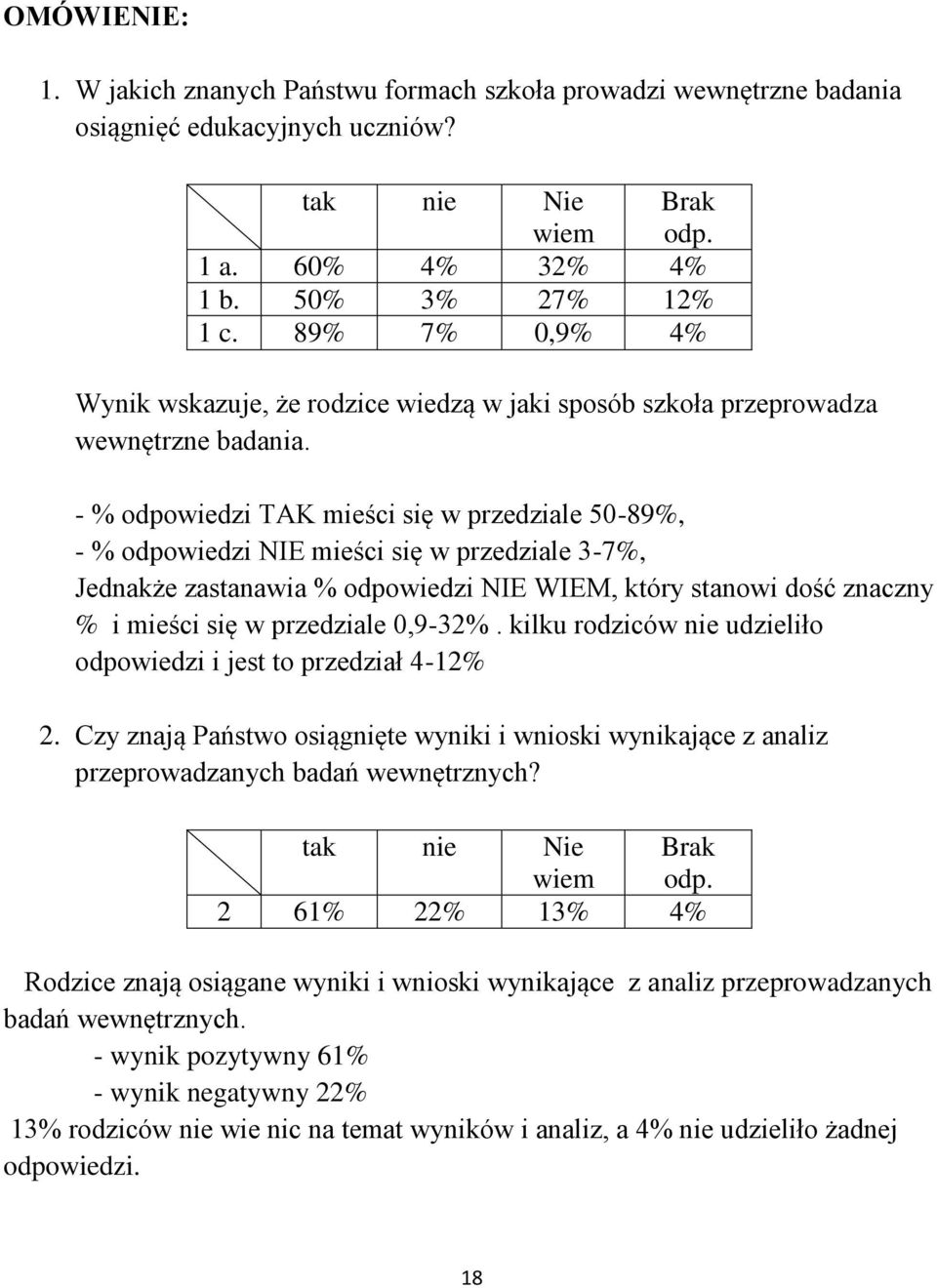 - % odpowiedzi TAK mieści się w przedziale 50-89%, - % odpowiedzi NIE mieści się w przedziale 3-7%, Jednakże zastanawia % odpowiedzi NIE WIEM, który stanowi dość znaczny % i mieści się w przedziale