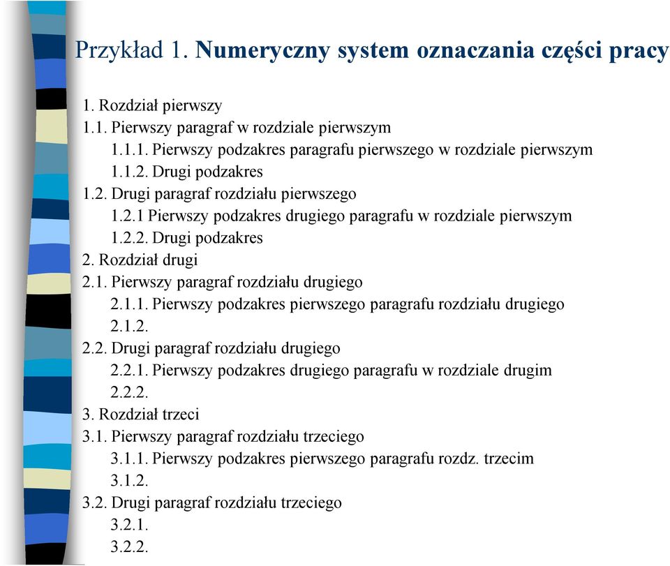 1.1. Pierwszy podzakres pierwszego paragrafu rozdziału drugiego 2.1.2. 2.2. Drugi paragraf rozdziału drugiego 2.2.1. Pierwszy podzakres drugiego paragrafu w rozdziale drugim 2.2.2. 3.