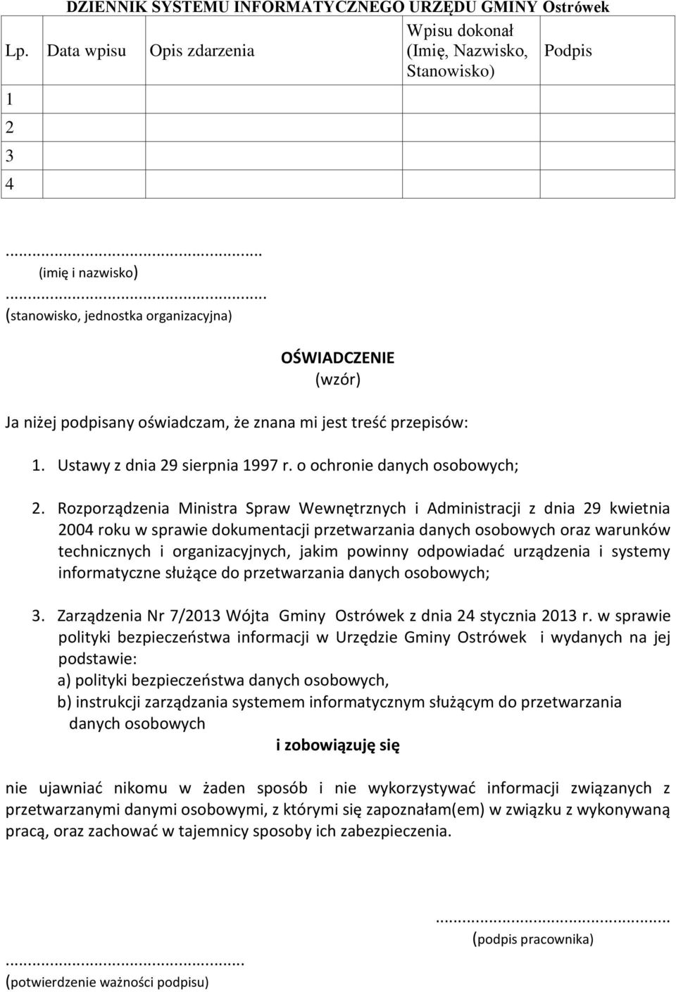 Rozporządzenia Ministra Spraw Wewnętrznych i Administracji z dnia 29 kwietnia 2004 roku w sprawie dokumentacji przetwarzania danych osobowych oraz warunków technicznych i organizacyjnych, jakim