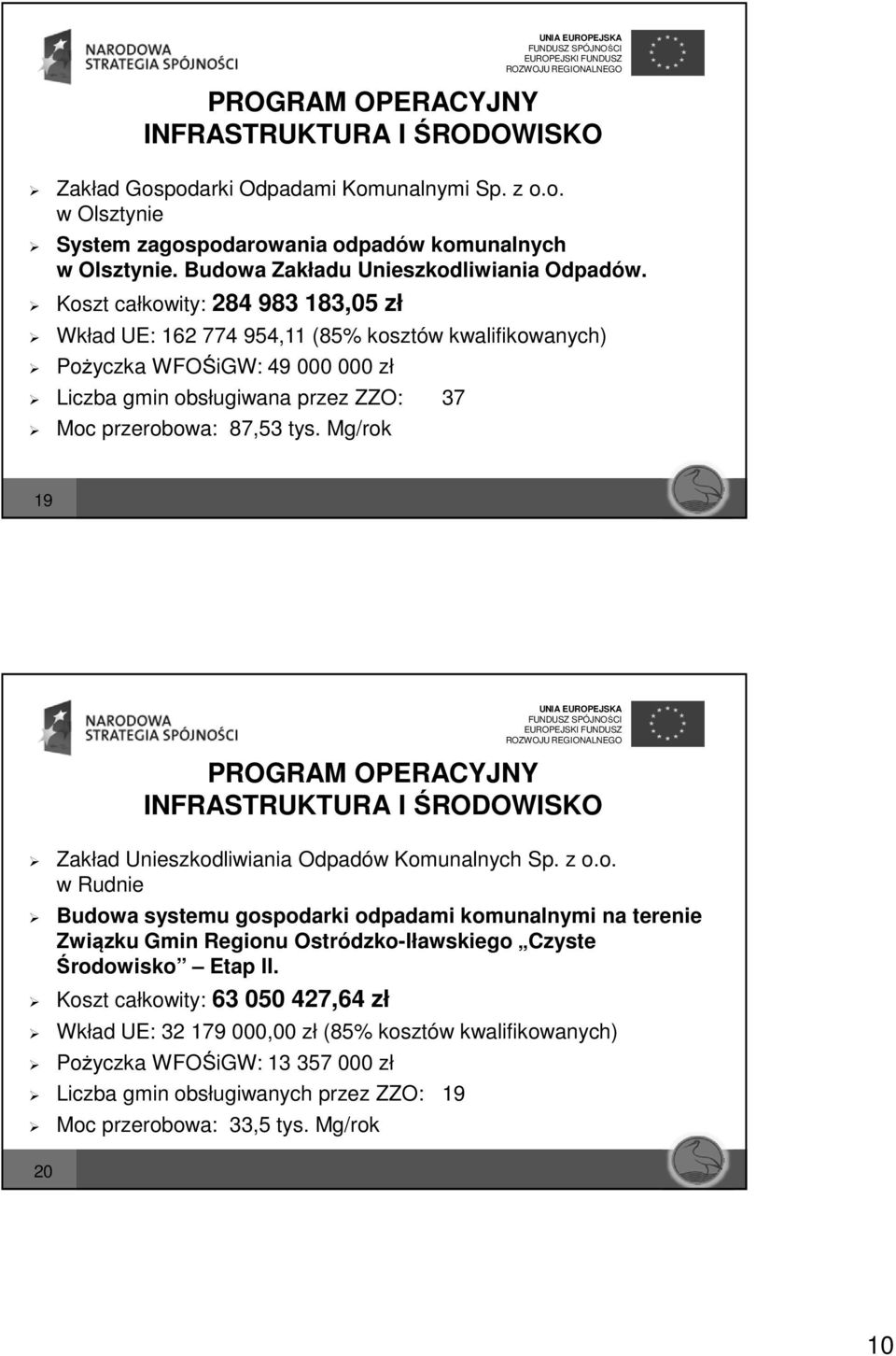 Koszt całkowity: 284 983 183,05 zł Wkład UE: 162 774 954,11 (85% kosztów kwalifikowanych) Pożyczka WFOŚiGW: 49 000 000 zł Liczba gmin obsługiwana przez ZZO: 37 Moc przerobowa: 87,53 tys.