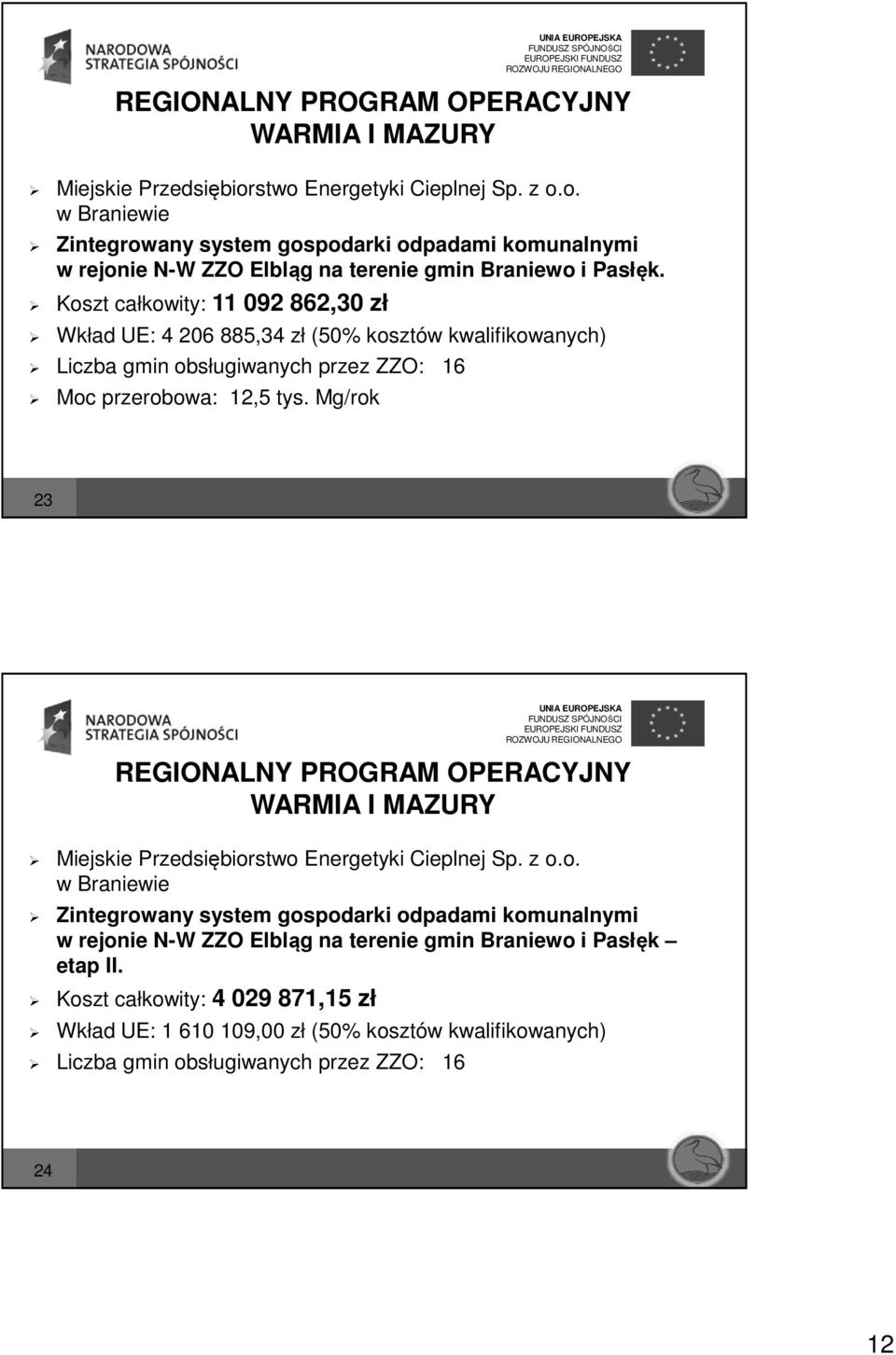 Mg/rok 23 REGIONALNY PROGRAM OPERACYJNY WARMIA I MAZURY Miejskie Przedsiębiorstwo Energetyki Cieplnej Sp. z o.o. w Braniewie Zintegrowany system gospodarki odpadami komunalnymi w rejonie N-W ZZO Elbląg na terenie gmin Braniewo i Pasłęk etap II.