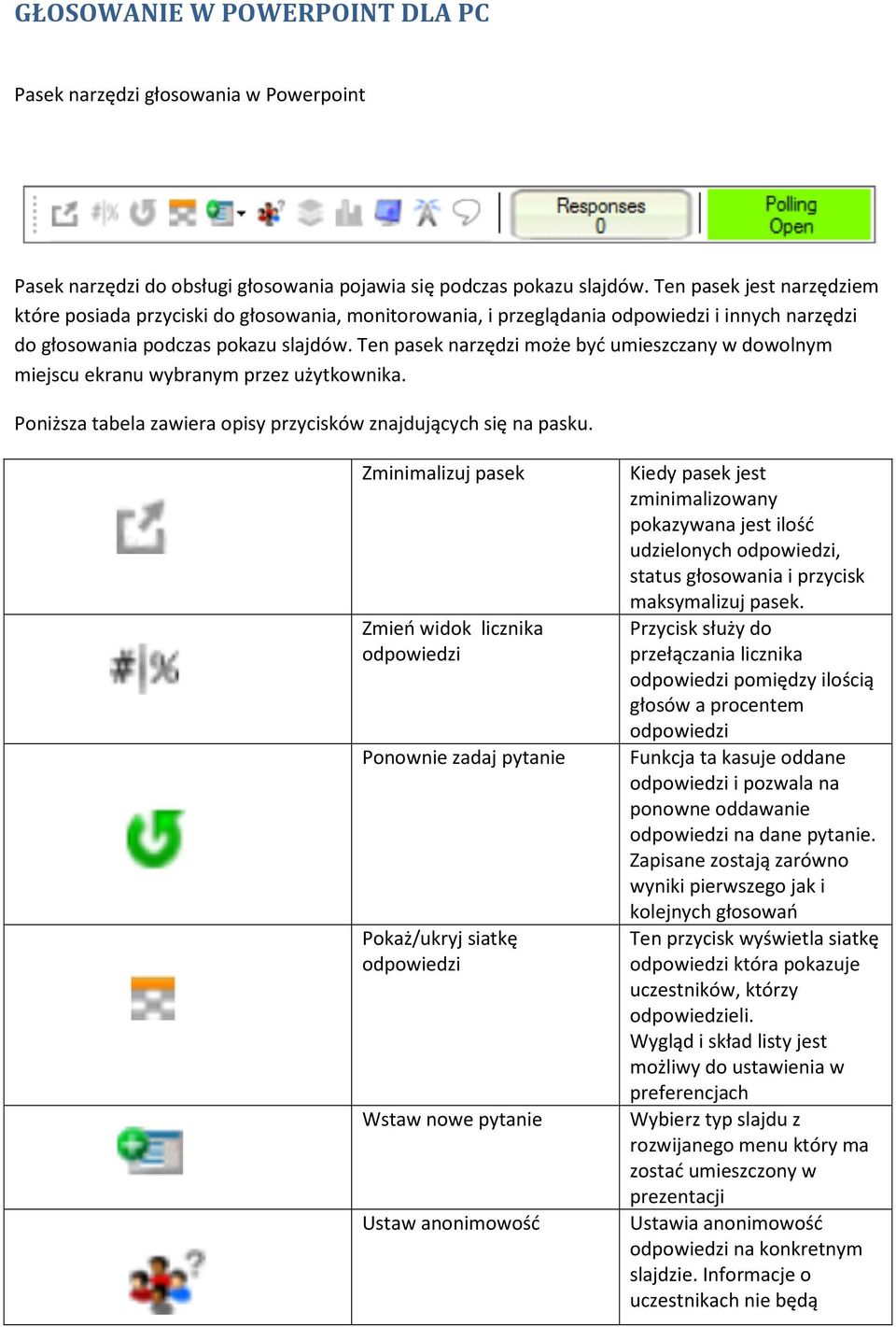 Ten pasek narzędzi może być umieszczany w dowolnym miejscu ekranu wybranym przez użytkownika. Poniższa tabela zawiera opisy przycisków znajdujących się na pasku.