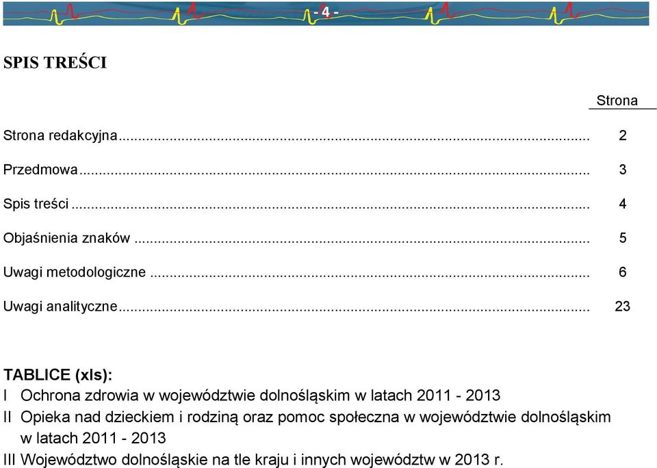 .. 23 TABLICE (xls): I Ochrona zdrowia w województwie dolnośląskim w latach 2011-2013 II Opieka nad