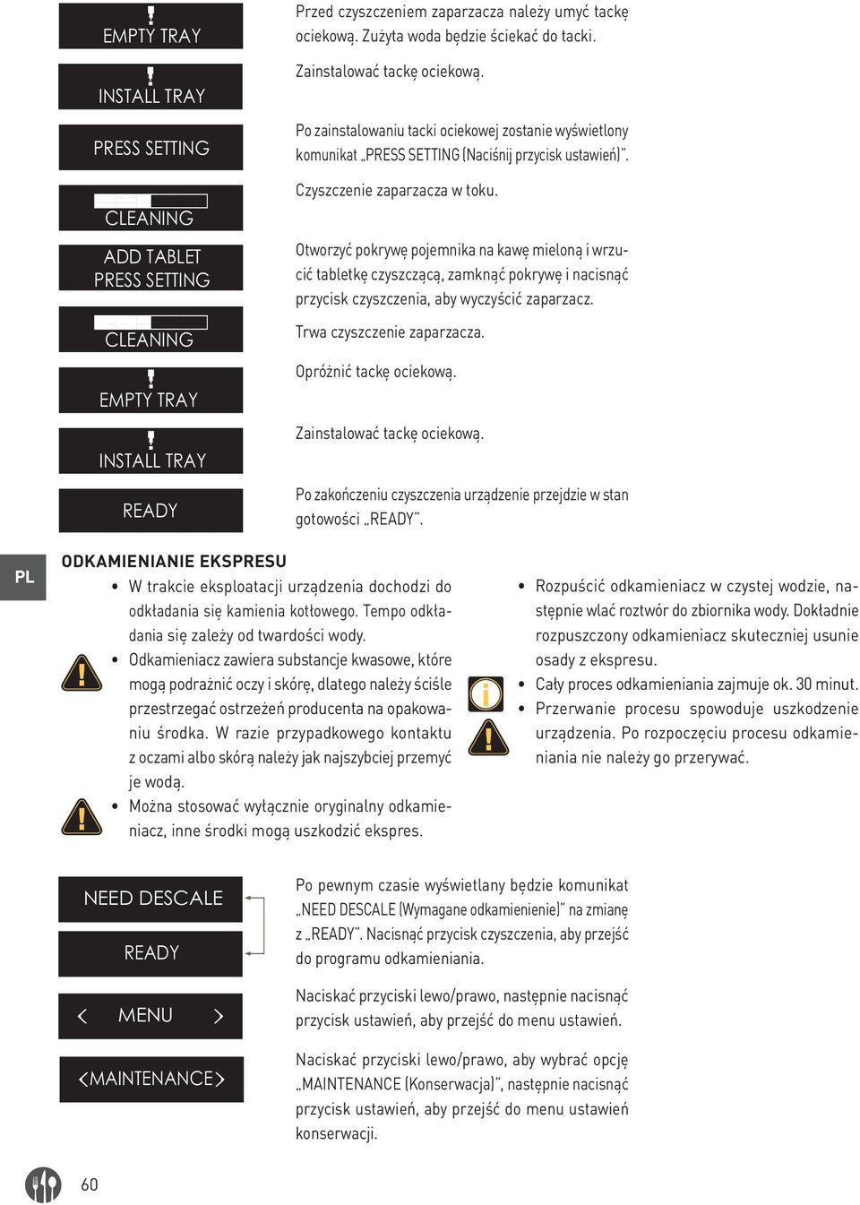 Otworzyć pokrywę pojemnika na kawę mieloną i wrzucić tabletkę czyszczącą, zamknąć pokrywę i nacisnąć przycisk czyszczenia, aby wyczyścić zaparzacz. Trwa czyszczenie zaparzacza.