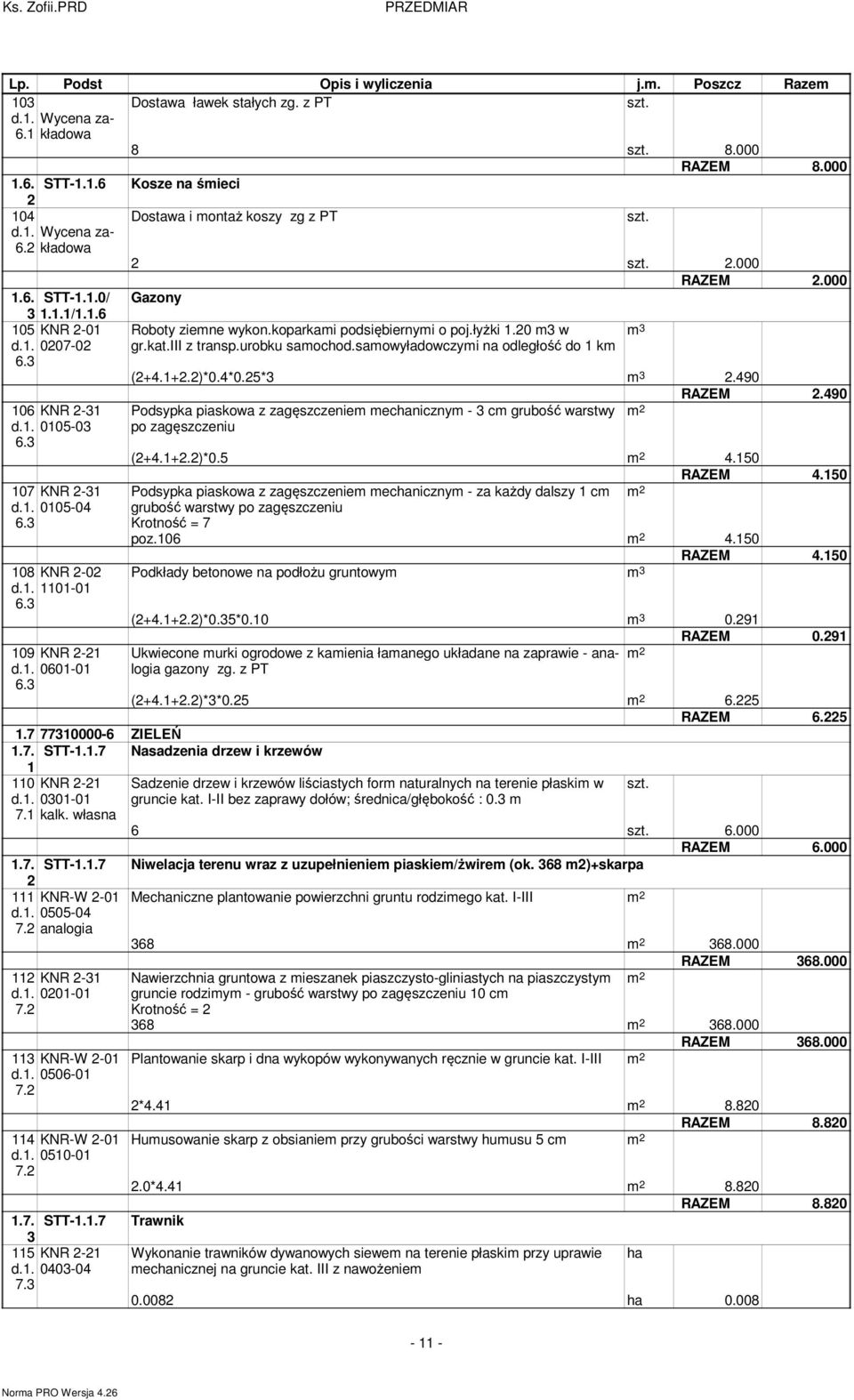 3 107 KNR 2-31 0105-04 6.3 108 KNR 2-02 1101-01 6.3 109 KNR 2-21 0601-01 6.3 Podsypka piaskowa z zagęszczenie echaniczny - 3 c grubość warstwy po zagęszczeniu RAZEM 2.490 (2+4.1+2.2)*0.5 4.
