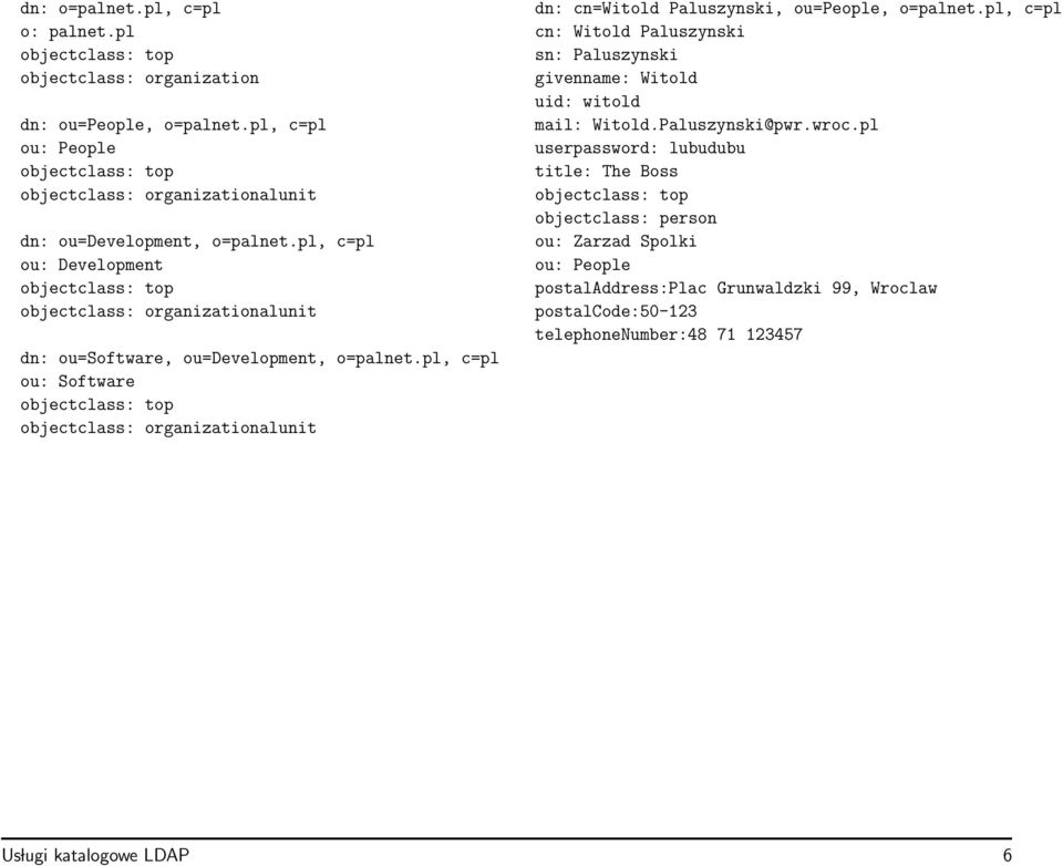 pl, c=pl ou: Development objectclass: top objectclass: organizationalunit dn: ou=software, ou=development, o=palnet.