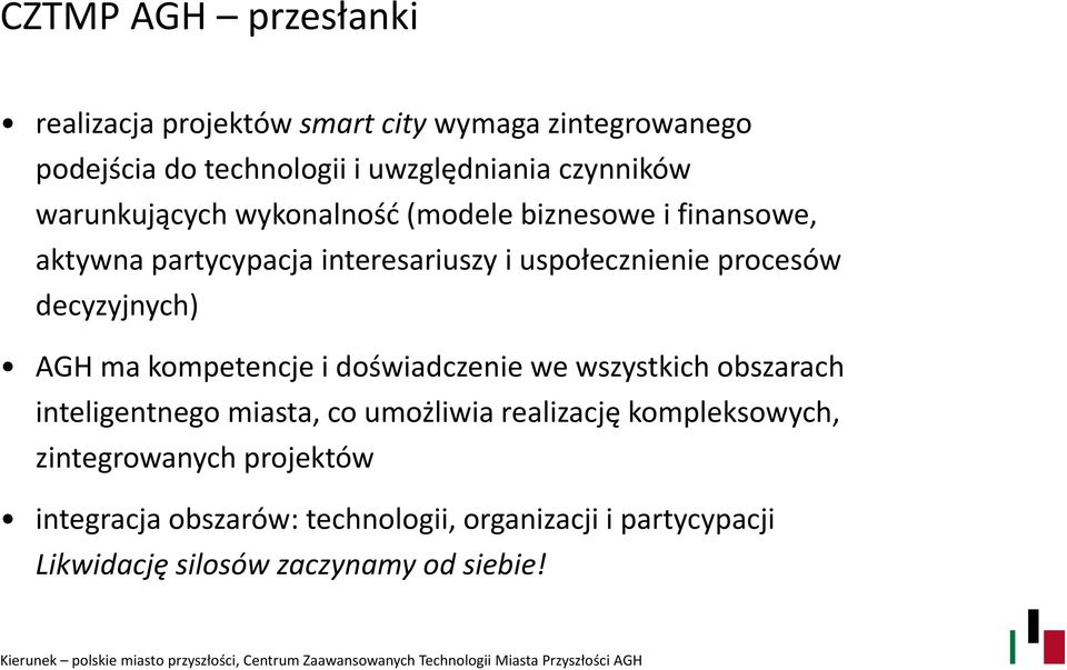 decyzyjnych) AGH ma kompetencje i doświadczenie we wszystkich obszarach inteligentnego miasta, co umożliwia realizację