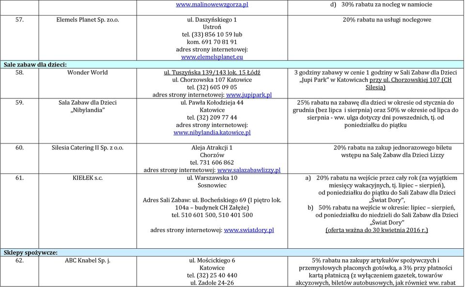 Silesia Catering II Sp. z o.o. Aleja Atrakcji 1 Chorzów tel. 731 606 862 www.salazabawlizzy.pl 61. KIEŁEK s.c. ul. Warszawska 10 Sosnowiec Adres Sali Zabaw: ul. Bocheńskiego 69 (I piętro lok.