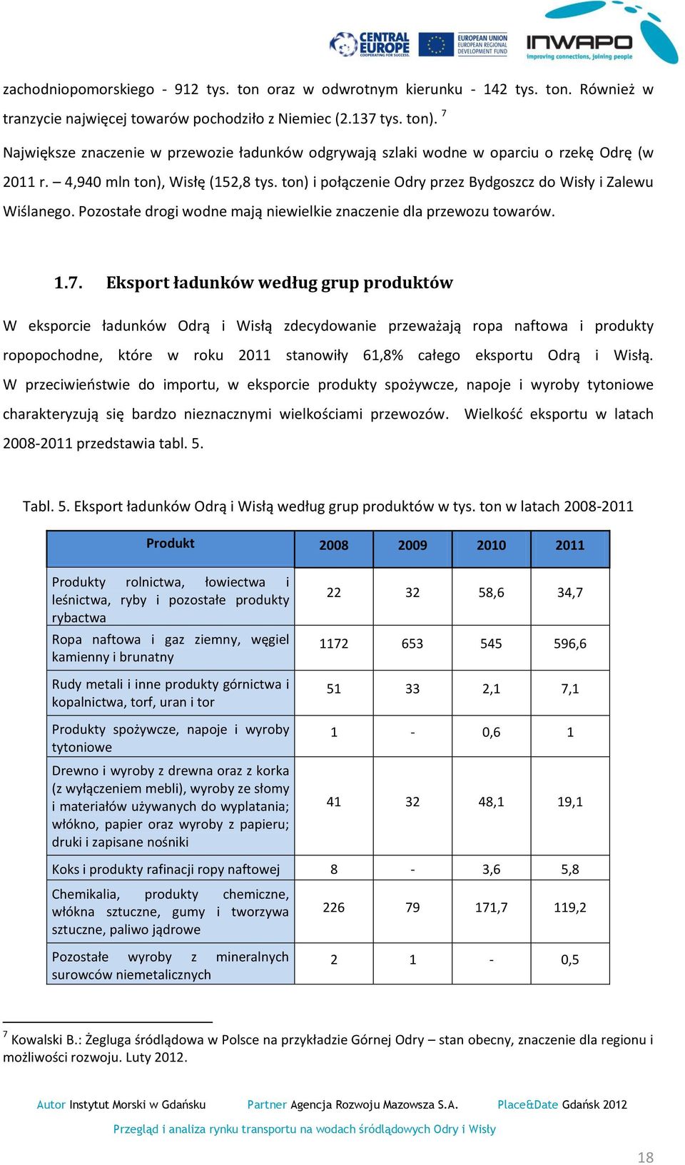 ton) i połączenie Odry przez Bydgoszcz do Wisły i Zalewu Wiślanego. Pozostałe drogi wodne mają niewielkie znaczenie dla przewozu towarów. 1.7.