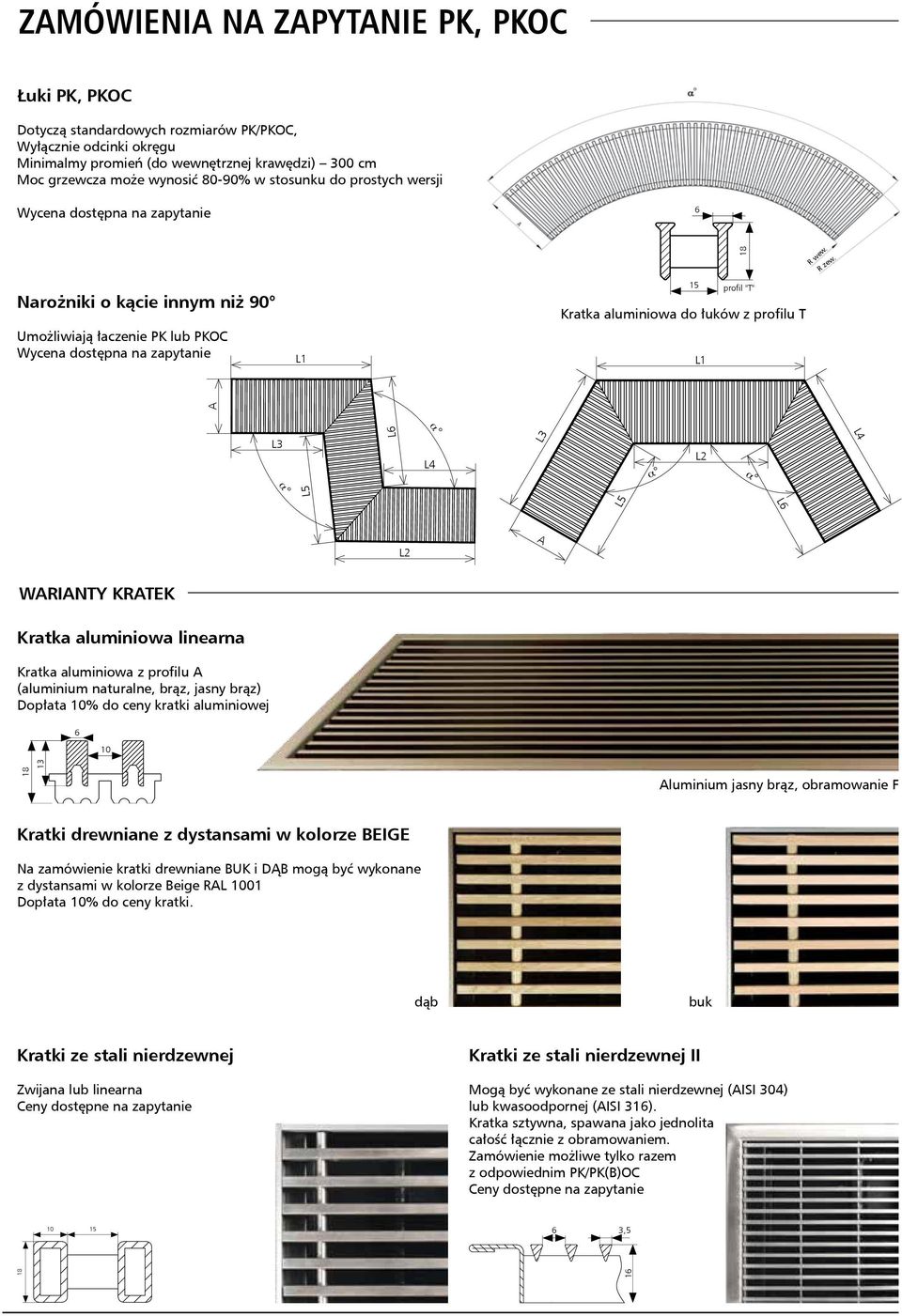 arożniki o kącie innym niż 90 Umożliwiają łaczenie PK lub PKOC Wycena dostępna na zapytanie 1 15 profil "T" Kratka aluminiowa do łuków z profilu T 1 A 6 3 α α 4 3 α 2 α 4 5 2 A warianty kratek Kratka