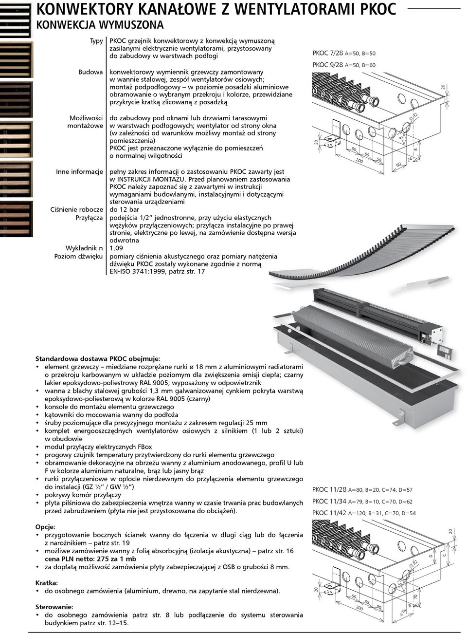 przewidziane przykrycie kratką zlicowaną z posadzką PKOC 7/28 A=50, B=50 PKOC 9/28 A=50, B=60 Możliwości montażowe do zabudowy pod oknami lub drzwiami tarasowymi w warstwach podłogowych; wentylator