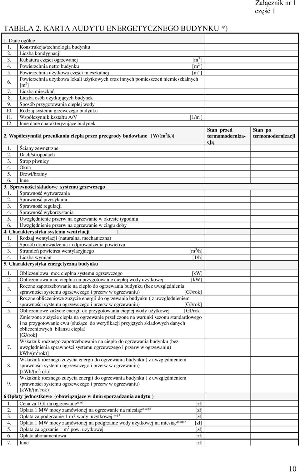 Liczba osób uŝytkujących budynek 9. Sposób przygotowania ciepłej wody 10. Rodzaj systemu grzewczego budynku 11. Współczynnik kształtu A/V [1/m ] 12. Inne dane charakteryzujące budynek 2.