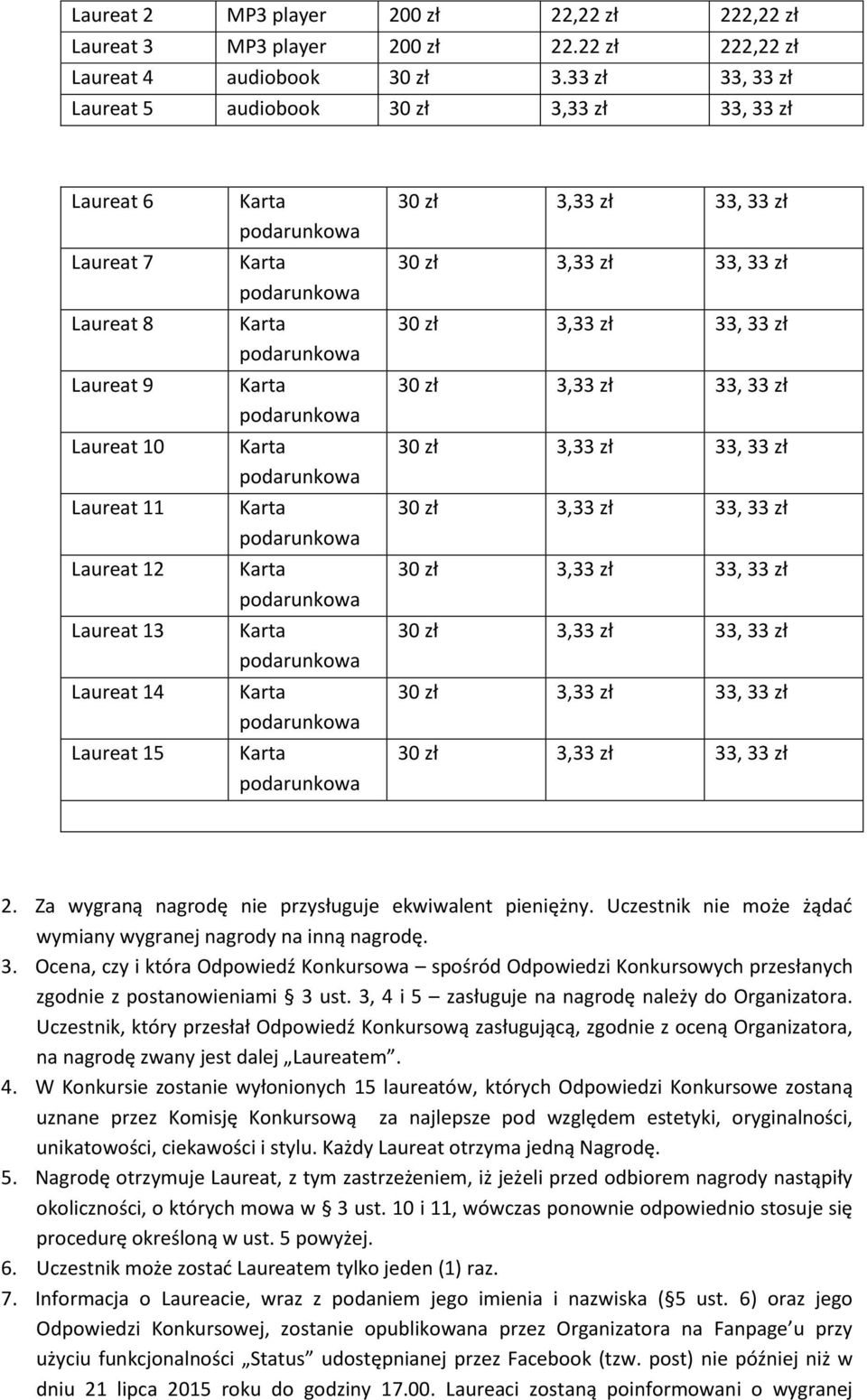 Za wygraną nagrodę nie przysługuje ekwiwalent pieniężny. Uczestnik nie może żądać wymiany wygranej nagrody na inną nagrodę. 3.