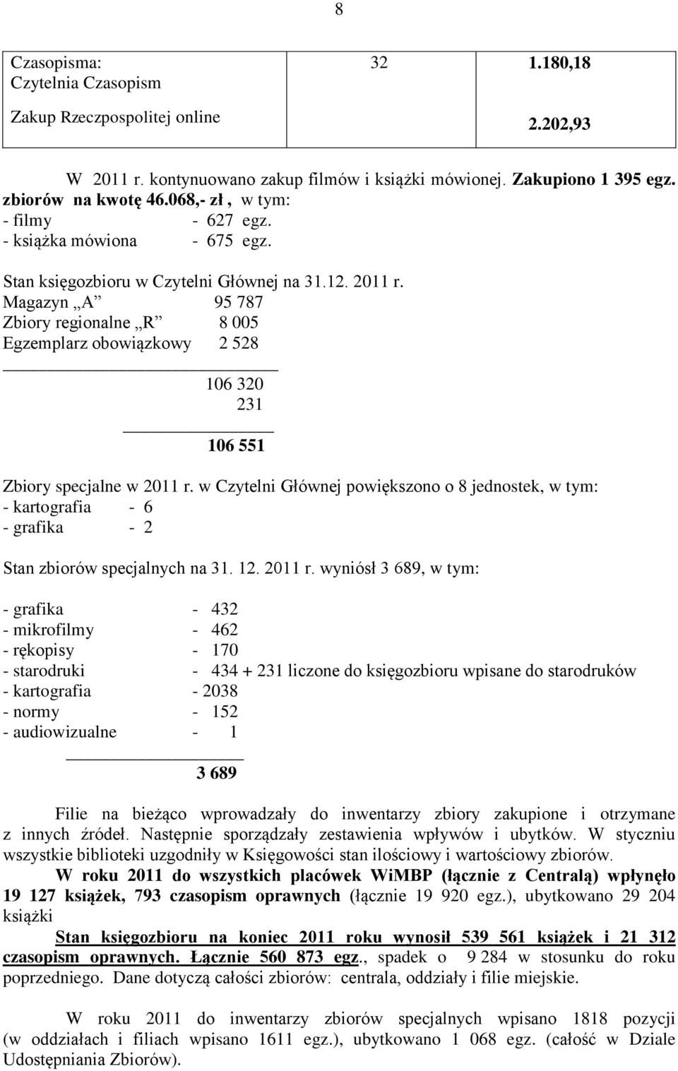 Magazyn A 95 787 Zbiory regionalne R 8 005 Egzemplarz obowiązkowy 2 528 106 320 231 106 551 Zbiory specjalne w 2011 r.