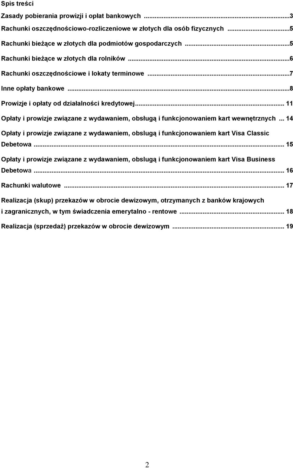 .. 11 Opłaty i prowizje związane z wydawaniem, obsługą i funkcjonowaniem kart wewnętrznych... 14 Opłaty i prowizje związane z wydawaniem, obslugą i funkcjonowaniem kart Visa Classic Debetowa.