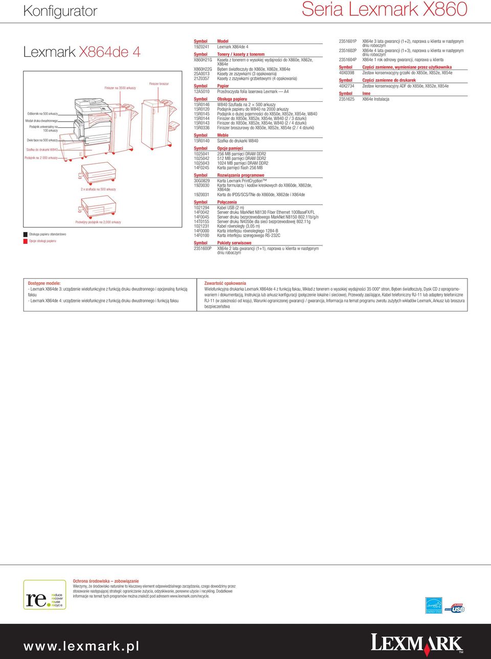 broszur X860H21G X860H22G 25A0013 21Z0357 12A5010 15R0146 15R0120 15R0145 15R0144 15R0143 15R0336 15R0140 Kaseta z tonerem o wysokiej wydajności do X860e, X862e, X864e Bęben światłoczuły do X860e,