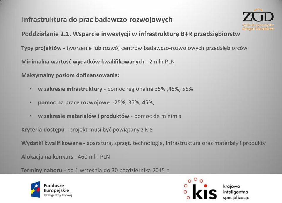 kwalifikowanych - 2 mln PLN Maksymalny poziom dofinansowania: w zakresie infrastruktury - pomoc regionalna 35%,45%, 55% pomoc na prace rozwojowe -25%, 35%, 45%, w