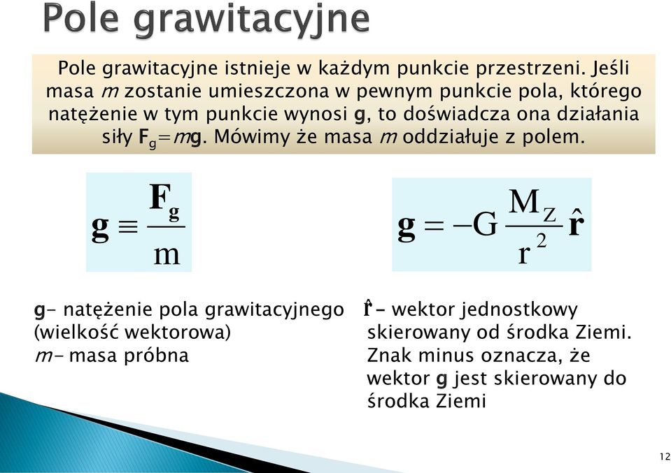 dośwadcza ona dzałana sły F g =mg. Mówmy że masa m oddzałuje z polem.