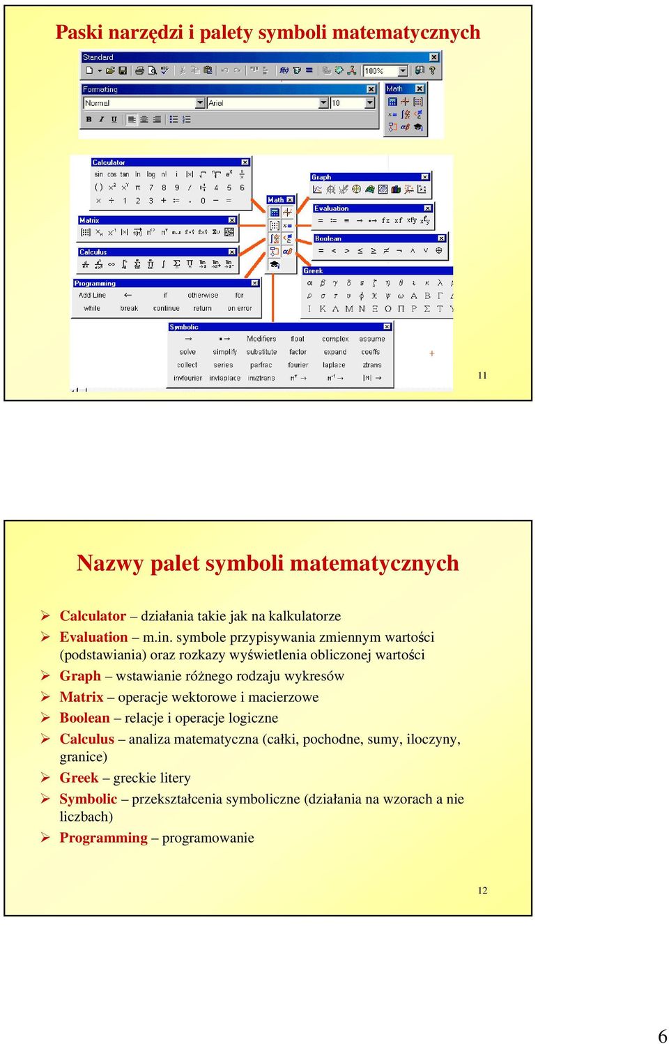 symbole przypisywania zmiennym wartości (podstawiania) oraz rozkazy wyświetlenia obliczonej wartości Graph wstawianie różnego rodzaju