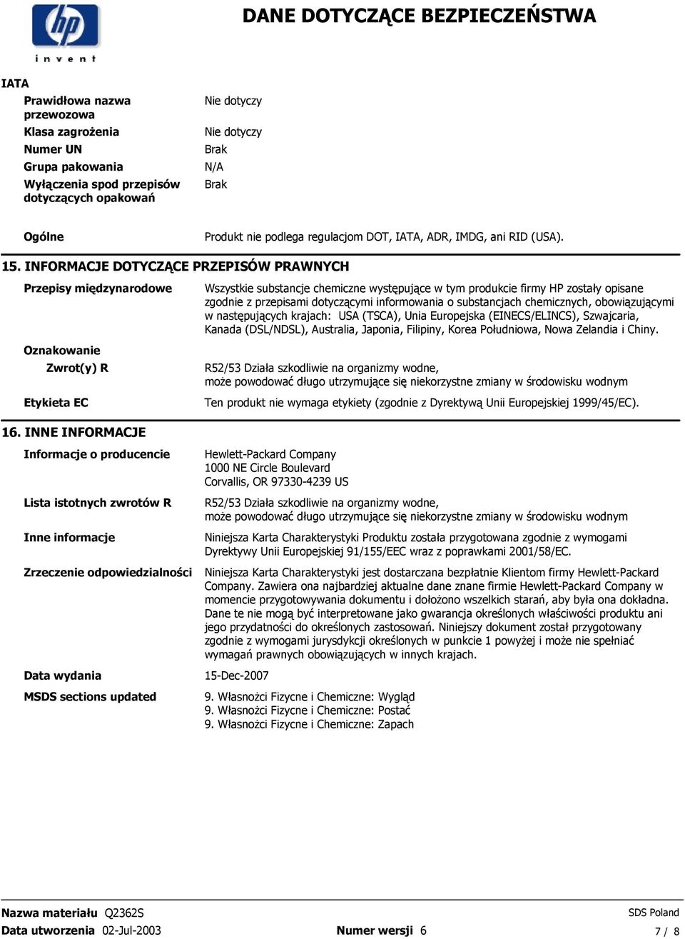 firmy HP zostały opisane zgodnie z przepisami dotyczącymi informowania o substancjach chemicznych, obowiązującymi w następujących krajach: USA (TSCA), Unia Europejska (EINECS/ELINCS), Szwajcaria,