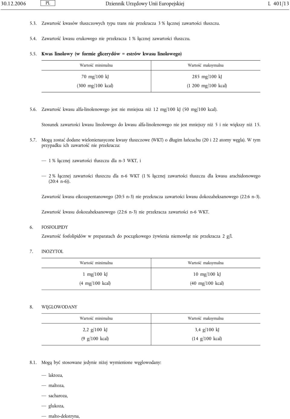 Zawartość kwasu alfa-linolenowego jest nie mniejsza niż 12 mg/100 kj (50 mg/100 kcal). Stosunek zawartości kwasu linolowego do kwasu alfa-linolenowego nie jest mniejszy niż 5 i nie większy niż 15. 5.7.