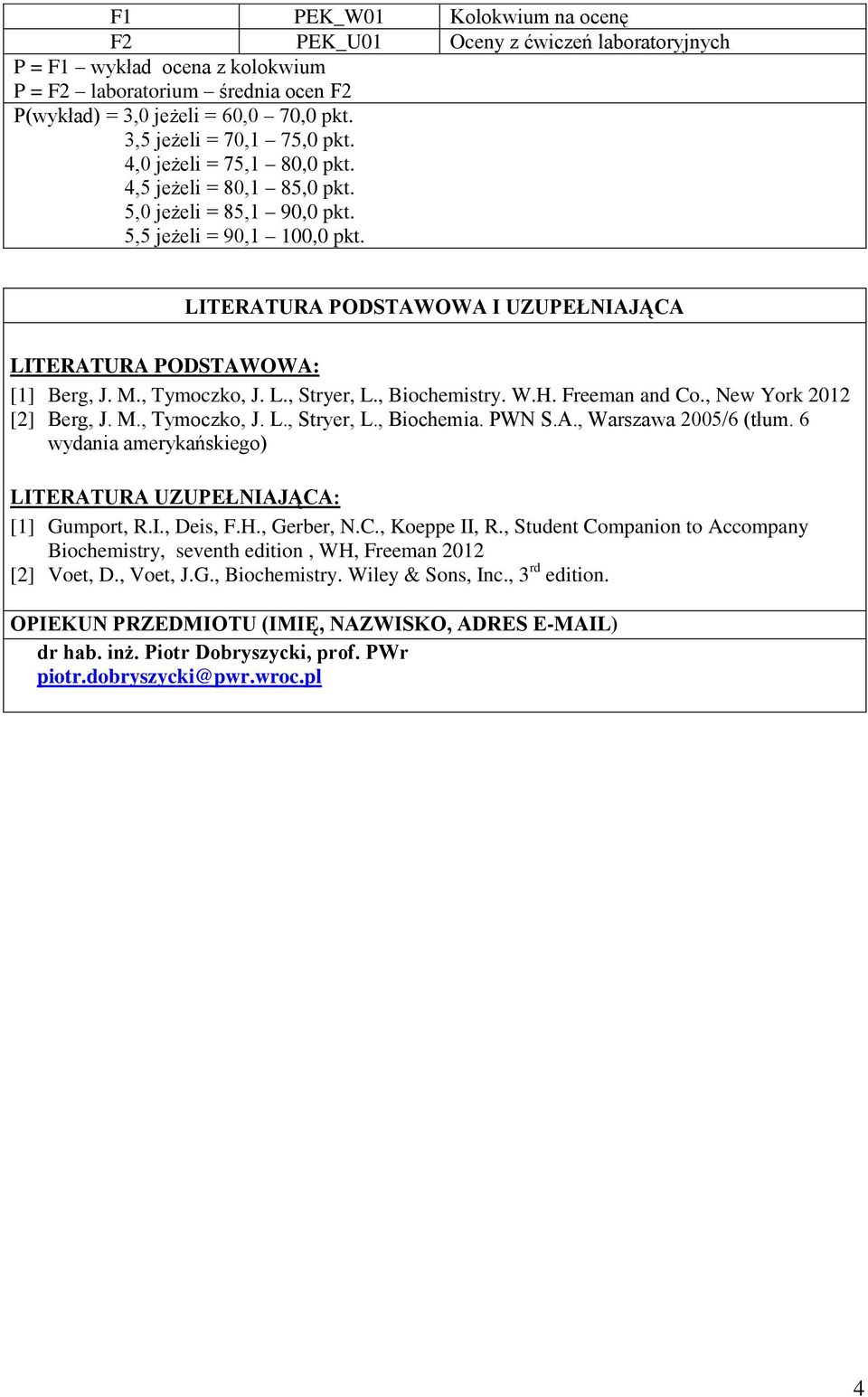 LITERATURA PODSTAWOWA I UZUPEŁNIAJĄCA LITERATURA PODSTAWOWA: [1] Berg, J. M., Tymoczko, J. L., Stryer, L., Biochemistry. W.H. Freeman and Co., New York 01 [] Berg, J. M., Tymoczko, J. L., Stryer, L., Biochemia.