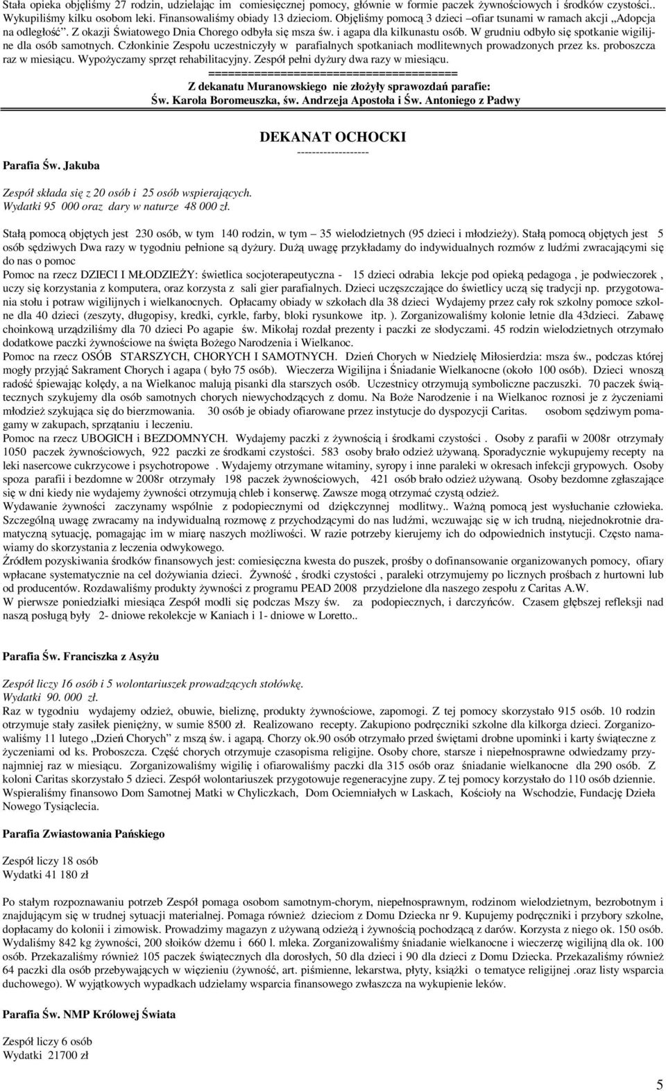 W grudniu odbyło się spotkanie wigilijne dla osób samotnych. Członkinie Zespołu uczestniczyły w parafialnych spotkaniach modlitewnych prowadzonych przez ks. proboszcza raz w miesiącu.