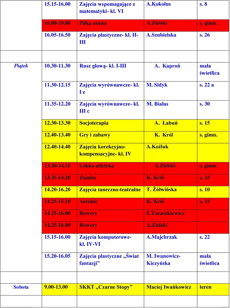 40 Gry i zabawy K. Król s. gimn. 12.40-14.40 Zajęcia korekcyjnokompensacyjne- kl. IV 13.30-14.15 Lekka atletyka A.Zielski s. gimn. 13.35-14.20 Zumba K. Król s. 15 14.20-16.