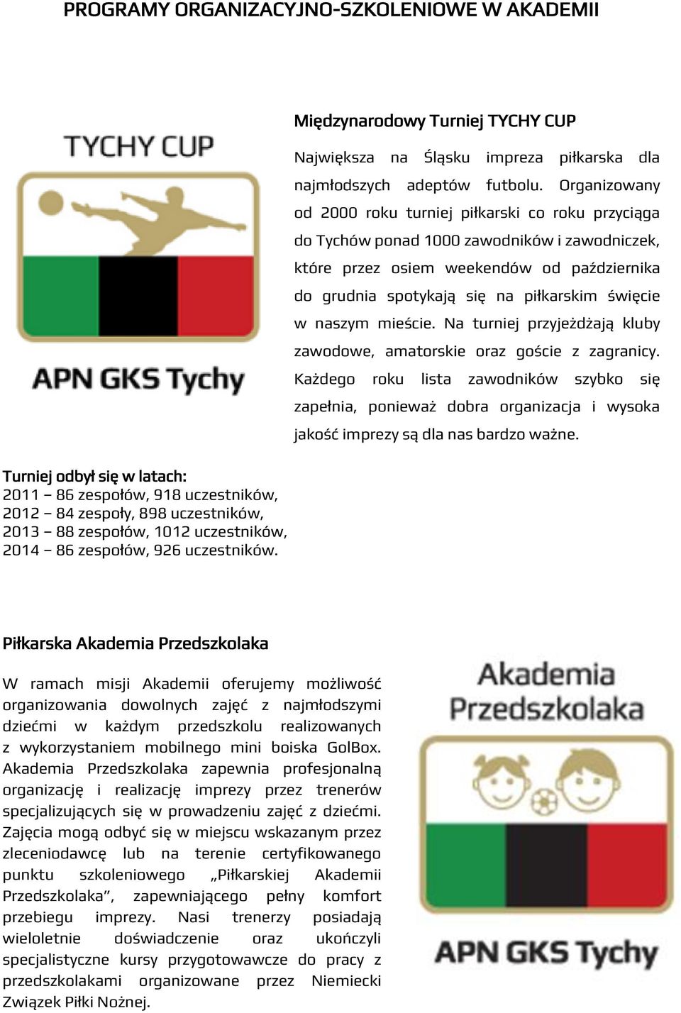 Organizowany od 2000 roku turniej piłkarski co roku przyciąga do Tychów ponad 1000 zawodników i zawodniczek, które przez osiem weekendów od października do grudnia spotykają się na piłkarskim święcie