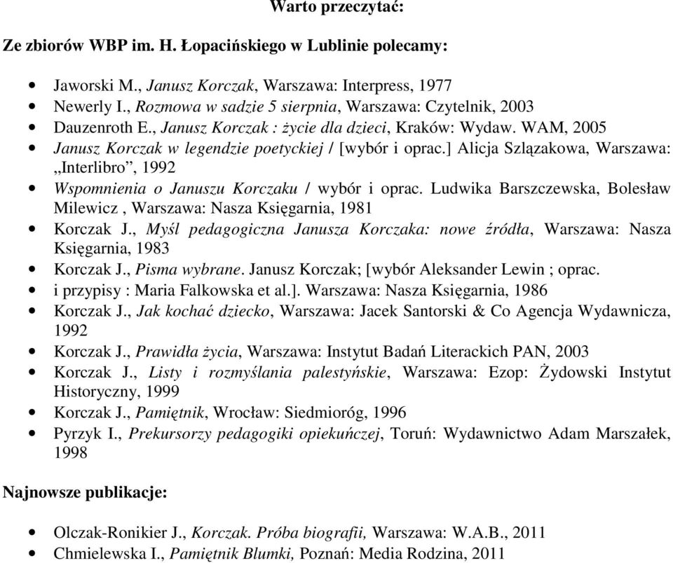 ] Alicja Szlązakowa, Warszawa: Interlibro, 1992 Wspomnienia o Januszu Korczaku / wybór i oprac. Ludwika Barszczewska, Bolesław Milewicz, Warszawa: Nasza Księgarnia, 1981 Korczak J.