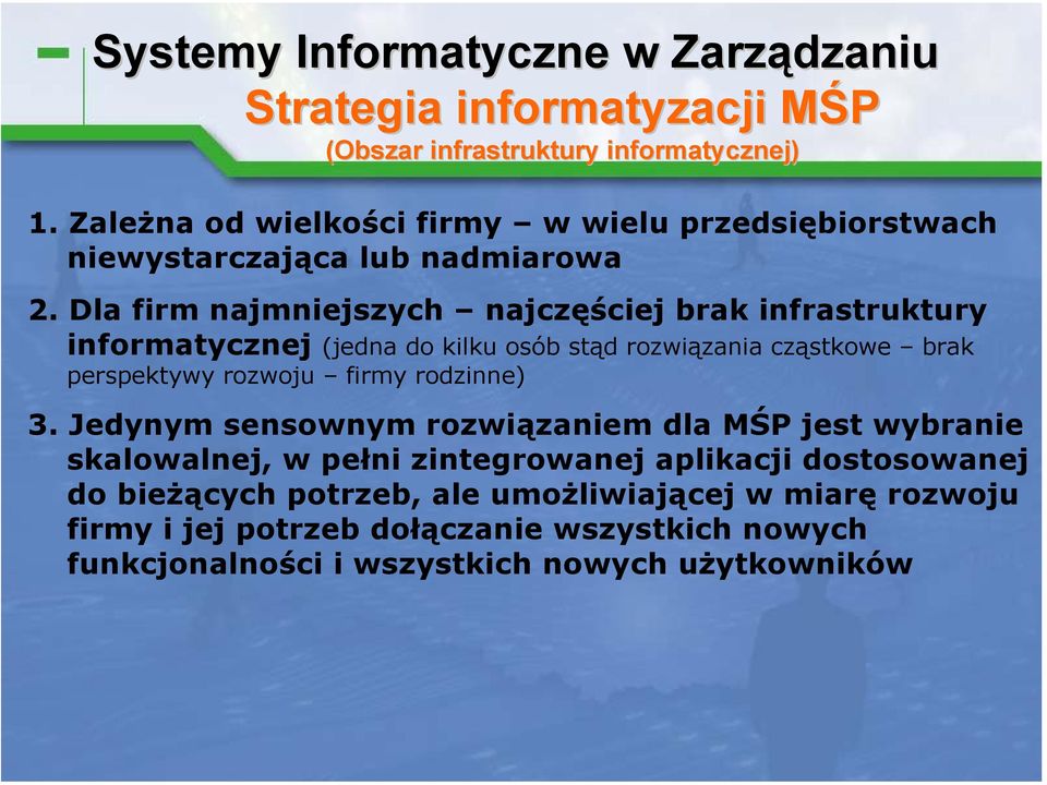 Dla firm najmniejszych najczęściej brak infrastruktury informatycznej (jedna do kilku osób stąd rozwiązania cząstkowe brak perspektywy rozwoju