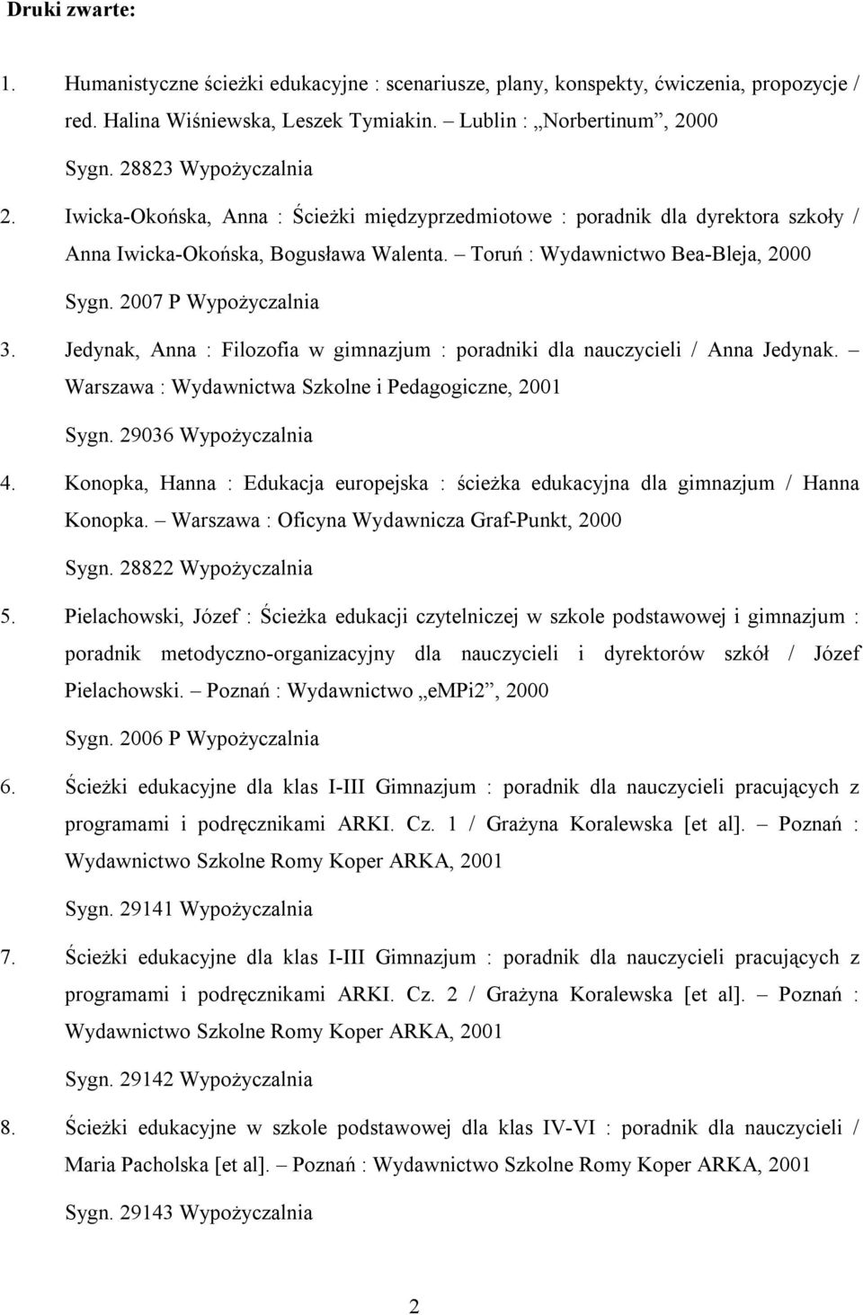 2007 P Wypożyczalnia 3. Jedynak, Anna : Filozofia w gimnazjum : poradniki dla nauczycieli / Anna Jedynak. Warszawa : Wydawnictwa Szkolne i Pedagogiczne, 2001 Sygn. 29036 Wypożyczalnia 4.