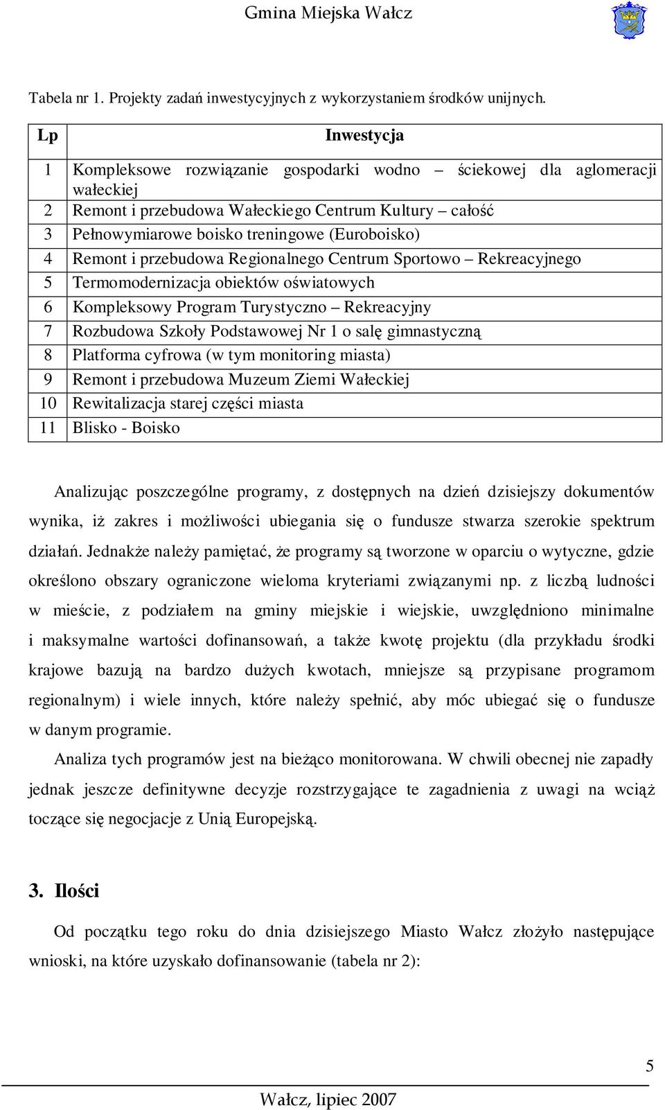 Remont i przebudowa Regionalnego Centrum Sportowo Rekreacyjnego 5 Termomodernizacja obiektów oświatowych 6 Kompleksowy Program Turystyczno Rekreacyjny 7 Rozbudowa Szkoły Podstawowej Nr 1 o salę