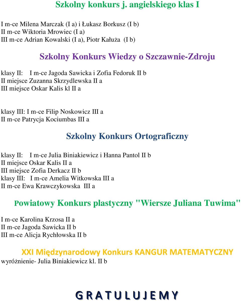 klasy II: I m-ce Jagoda Sawicka i Zofia Fedoruk II b II miejsce Zuzanna Skrzydlewska II a III miejsce Oskar Kalis kl II a klasy III: I m-ce Filip Noskowicz III a II m-ce Patrycja Kociumbas III a