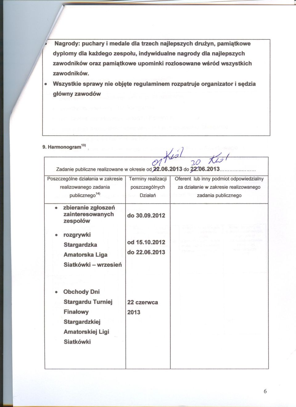 2013. Poszczególne dzialania w zakresie Terminy realizacji Oferent lub inny podmiot odpowiedzialny realizowanego zadania poszczególnych za dzialanie w zakresie realizowanego publicznego14) Dzialan